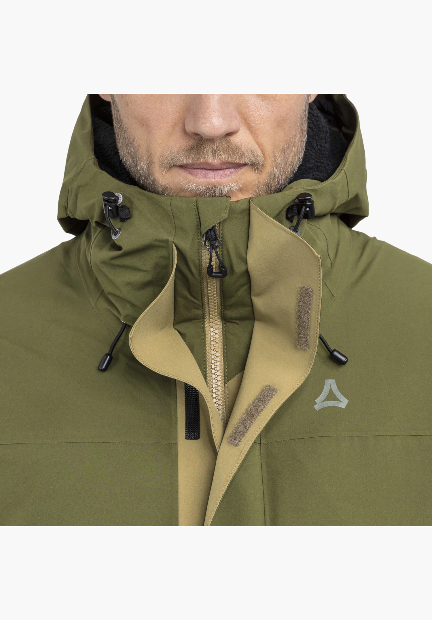 3in1 Jacket Style Refoca MEN detail view of the high collar in green with a concealed zipper, drawstrings, hook-and-loop fastener, and reflective Schöffel logo close-up against a white background.