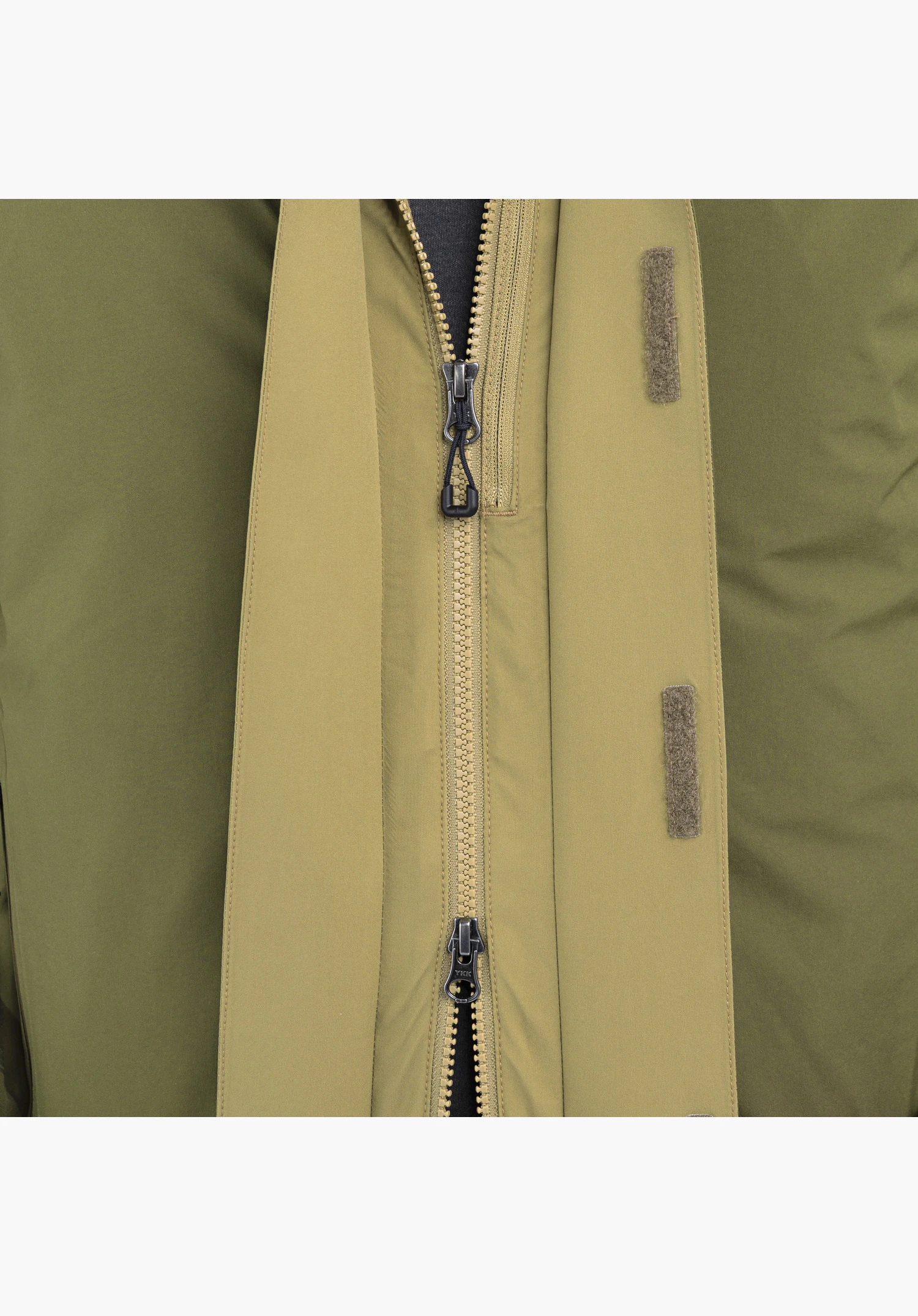 3in1 Jacket Style Refoca MEN in green showing the concealed front zip with a full-length storm flap and Velcro fastenings close-up shot against a white/neutral background.
