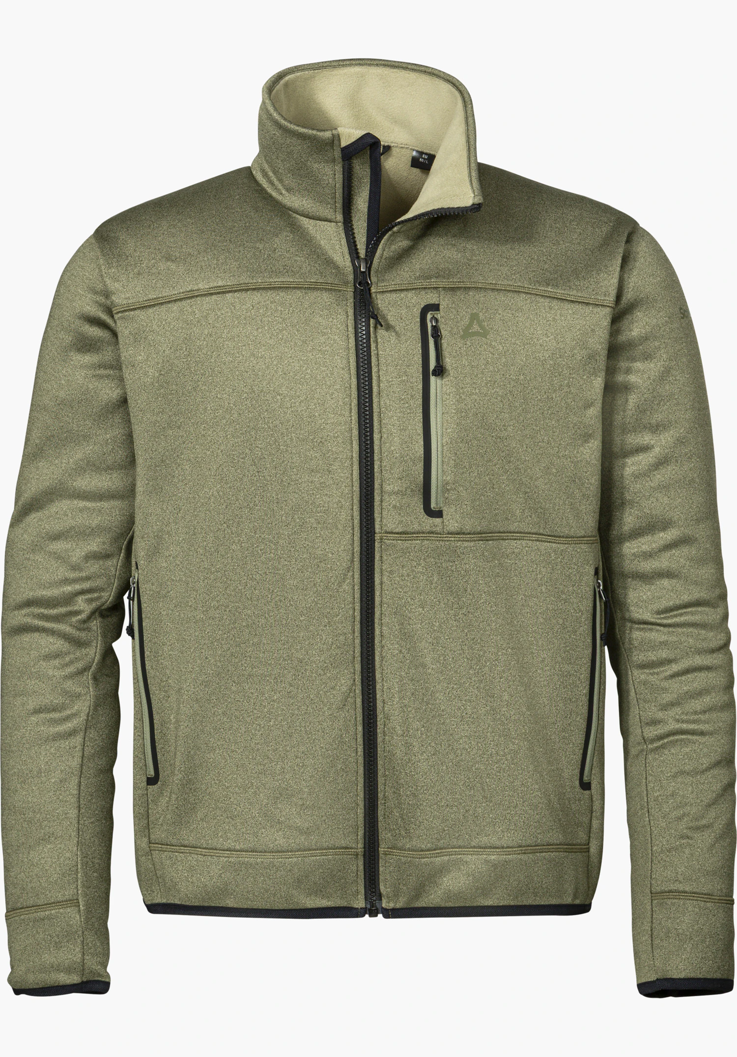Fleece Jk Style Refoca MEN in green with a front zipper, stand-up collar, chest pocket and Schöffel logo, isolated on a white background.
