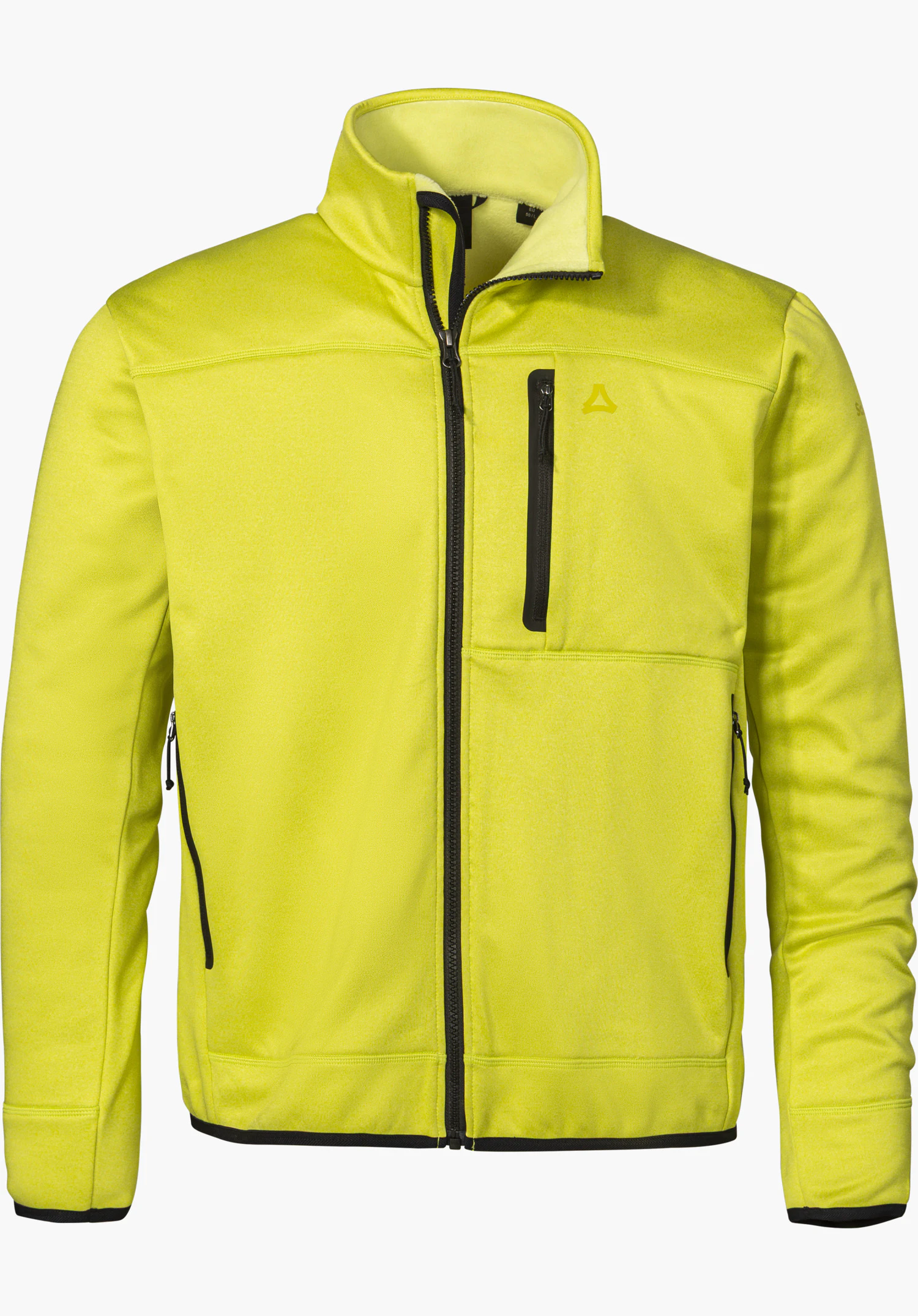 Fleece Jk Style Refoca MEN in gelb in Frontansicht mit durchgehendem Frontreißverschluss, Stehkragen, einer Brusttasche und Schöffel-Logo freigestellt vor weißem Hintergrund.