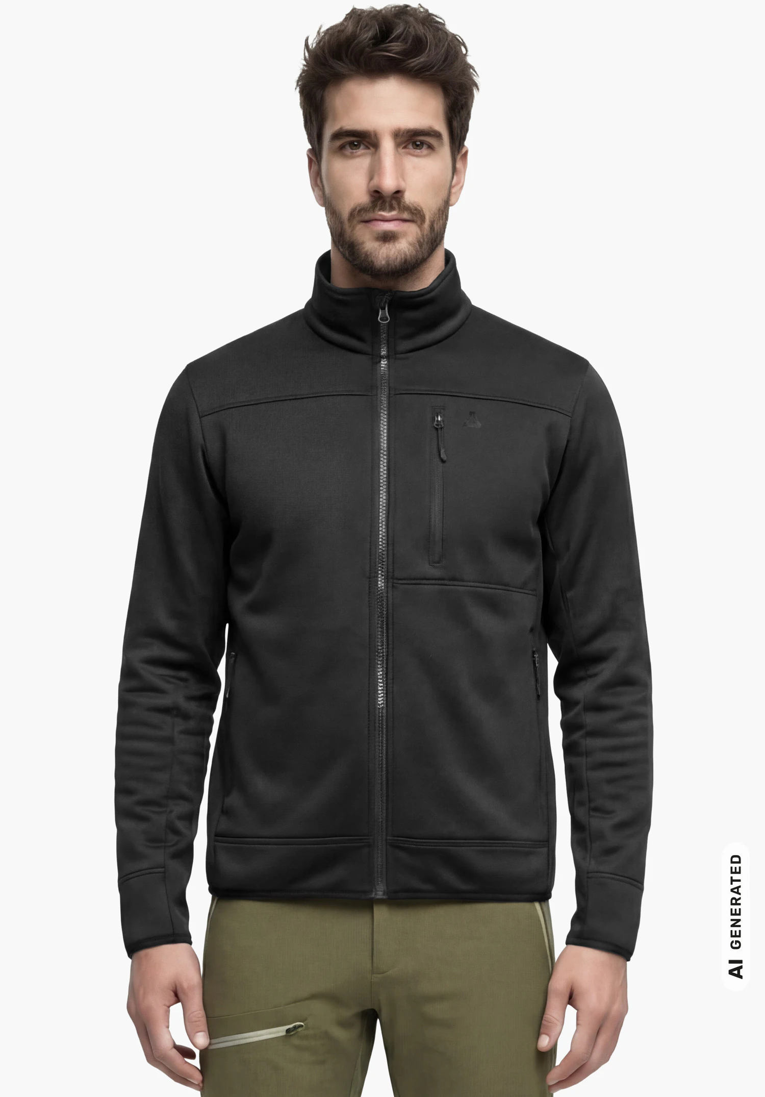 Fleece Jk Style Refoca MEN in schwarz, getragen von einem männlichen Model mit aufrechtem Stand und herabhängenden Armen in Frontansicht mit geschlossenem Reißverschluss und sichtbarem Schöffel-Logo vor weißem Hintergrund. (KI-generiert)