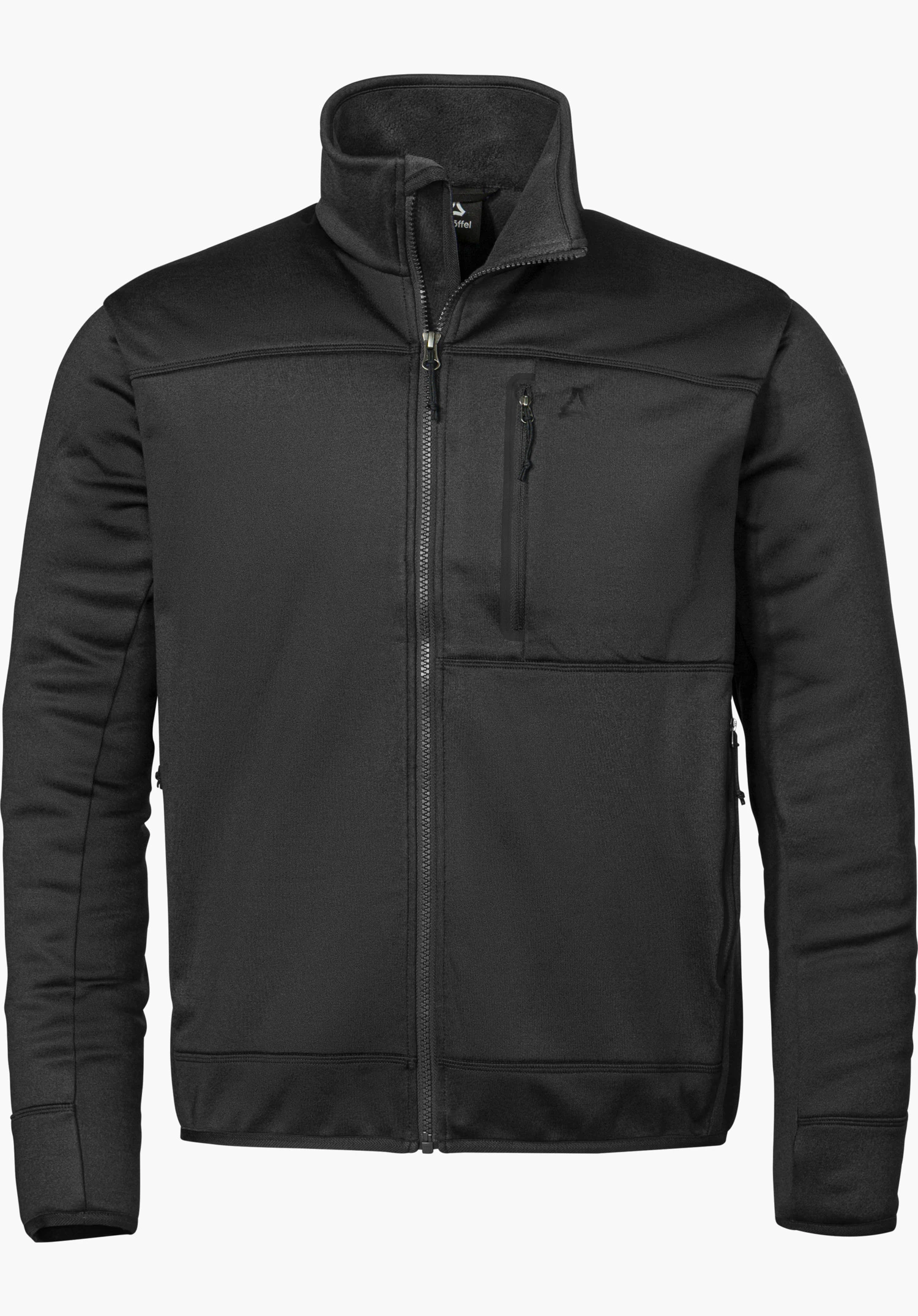 Fleece Jk Style Refoca MEN in black with a front zipper, stand-up collar, chest pocket and Schöffel logo, isolated on a white background.