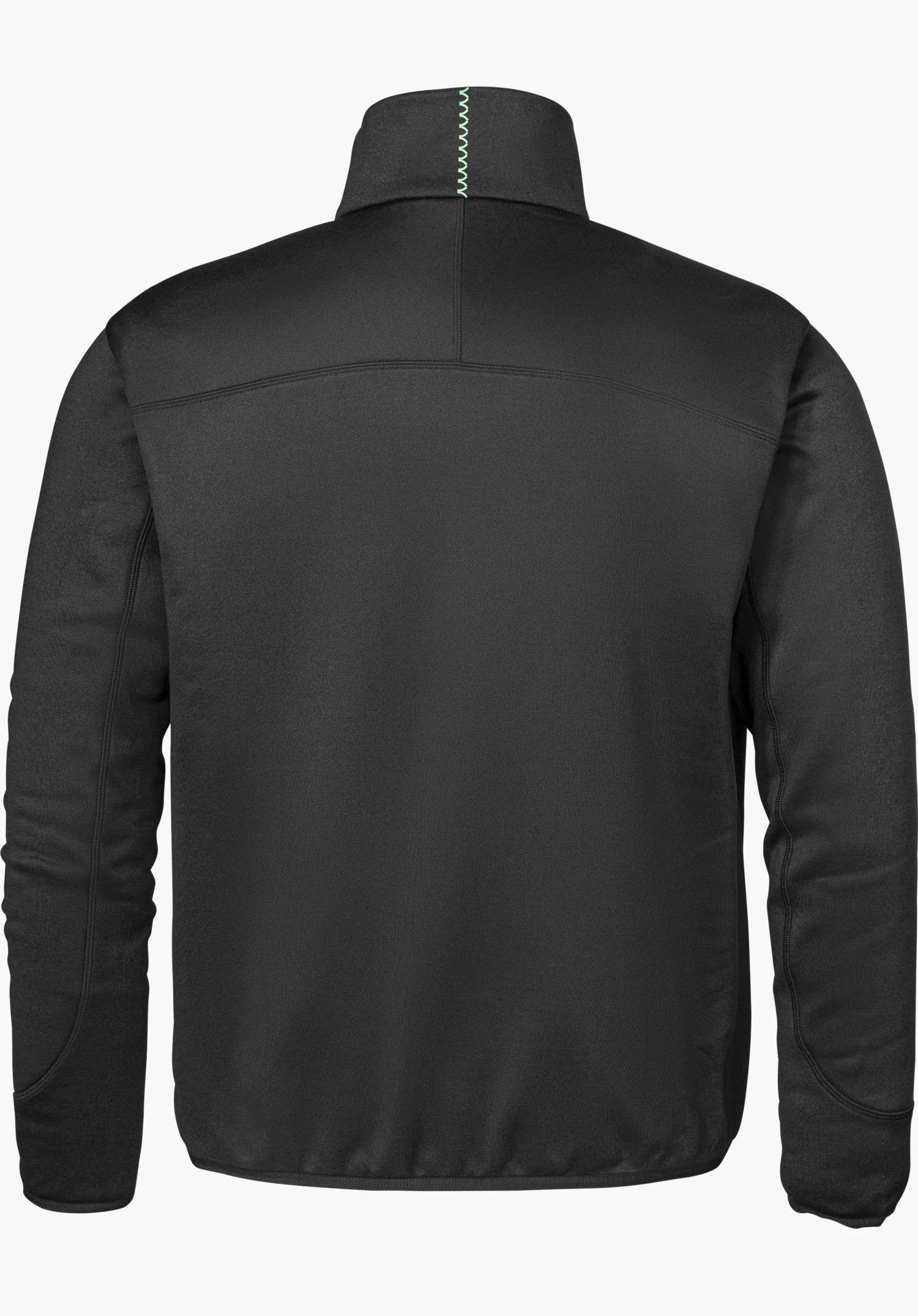 Fleece Jk Style Refoca MEN in black, shown from the back with a stand-up collar and green decorative stitching, isolated on a white background.