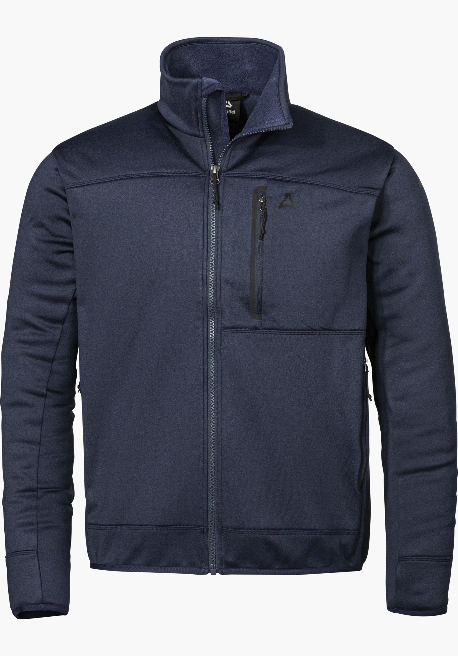 Fleece Jk Style Refoca MEN in Blau mit Stehkragen, durchgehendem Frontreißverschluss, einer Brusttasche mit Reißverschluss und schwarzem Schöffel-Logo in Frontansicht freigestellt vor weißem Hintergrund.
