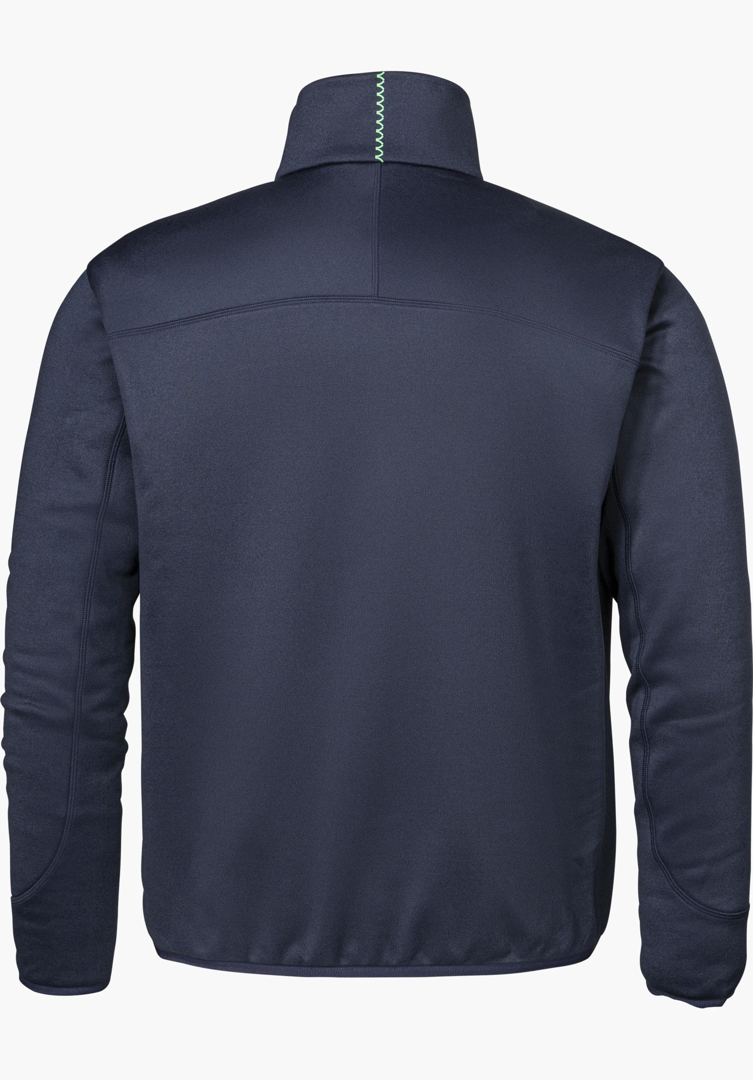 Fleece Jk Style Refoca MEN in blue, shown from the back with a stand-up collar and green decorative stitching, isolated on a white background.