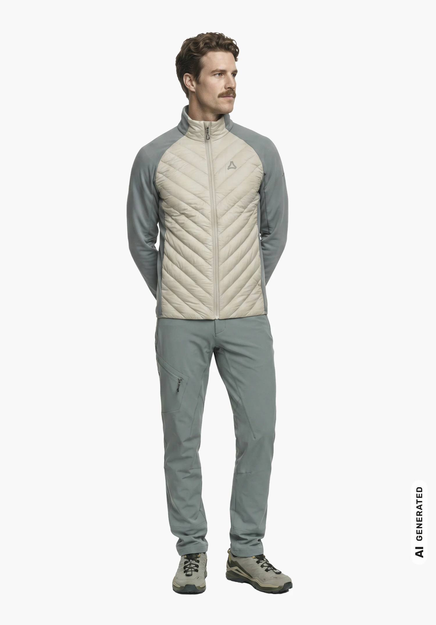 Hy Down Jk Style Cascata MEN in natural, with visible Schöffel logo, worn by a male model standing upright with arms crossed behind his back in a side view against a white background. (AI-generated)