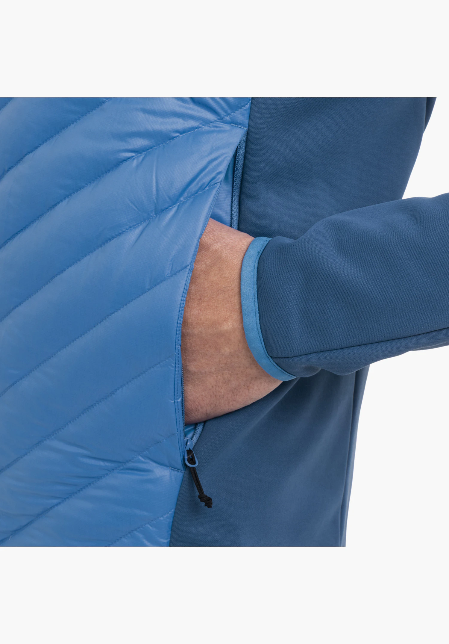 Hy Down Jk Style Cascata MEN showing a blue zippered pocket and elastic cuff in a close-up against a white background.