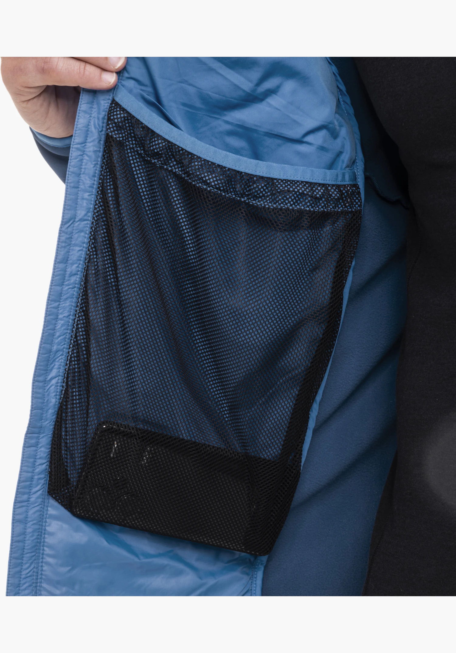Hy Down Jk Style Cascata MEN featuring a blue inner side and a large black mesh inner pocket close-up against a white background.