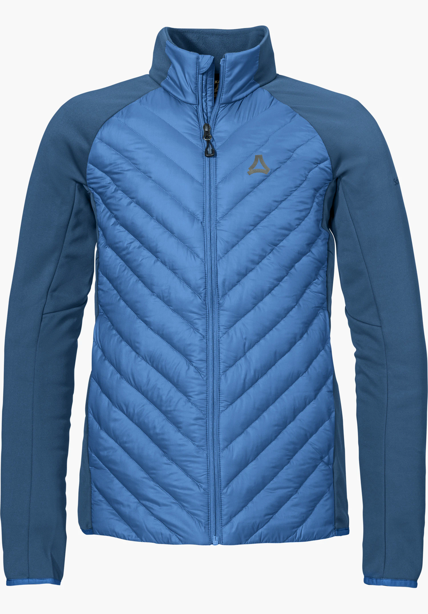 Hy Down Jk Style Cascata MEN in blue, shown from the front with a stand-up collar, full-length zipper and silver Schöffel logo on the chest, isolated on a white background.