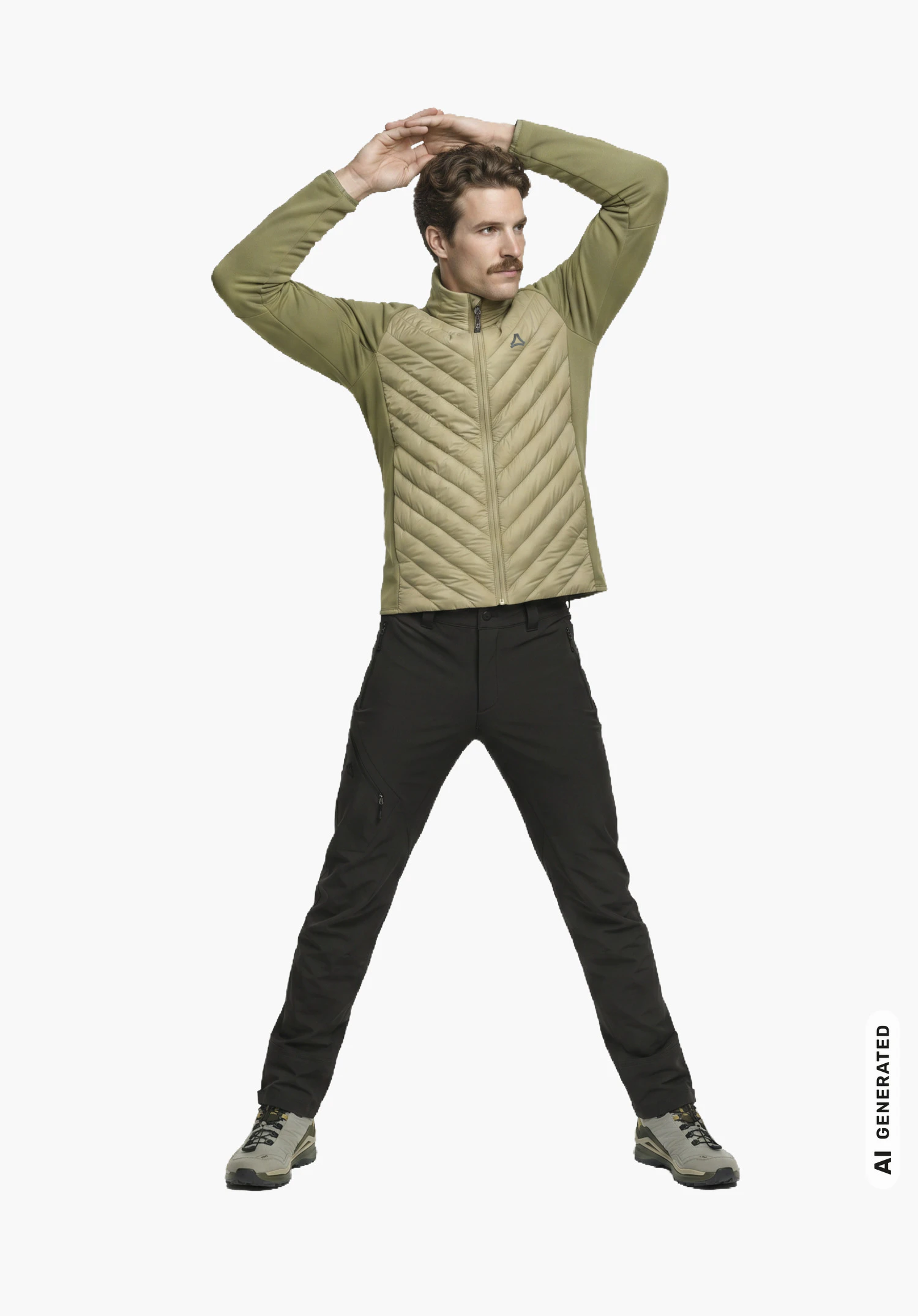 Hy Down Jk Style Cascata MEN in green with a visible Schöffel logo, worn by a male model in a slightly turned side view with hands crossed over his head against a white background. (AI-generated)