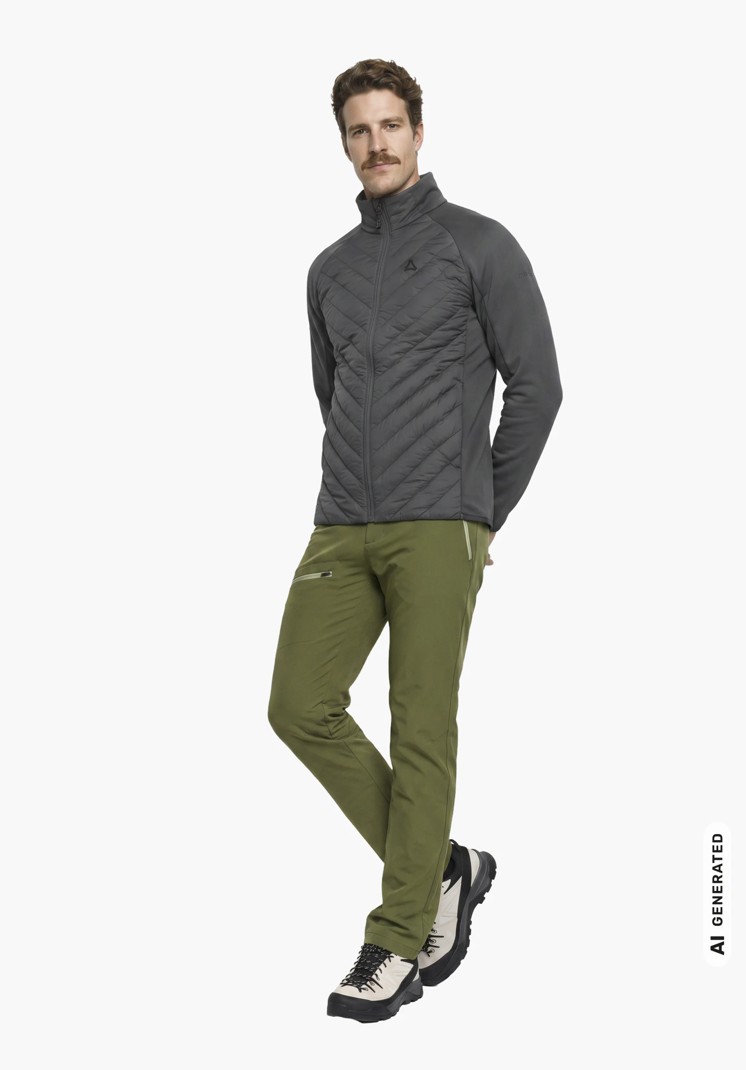Hy Down Jk Style Cascata MEN in black with Schöffel logo on the chest, worn by a male model in a side view with hands crossed behind his back against a white background. (AI-generated)