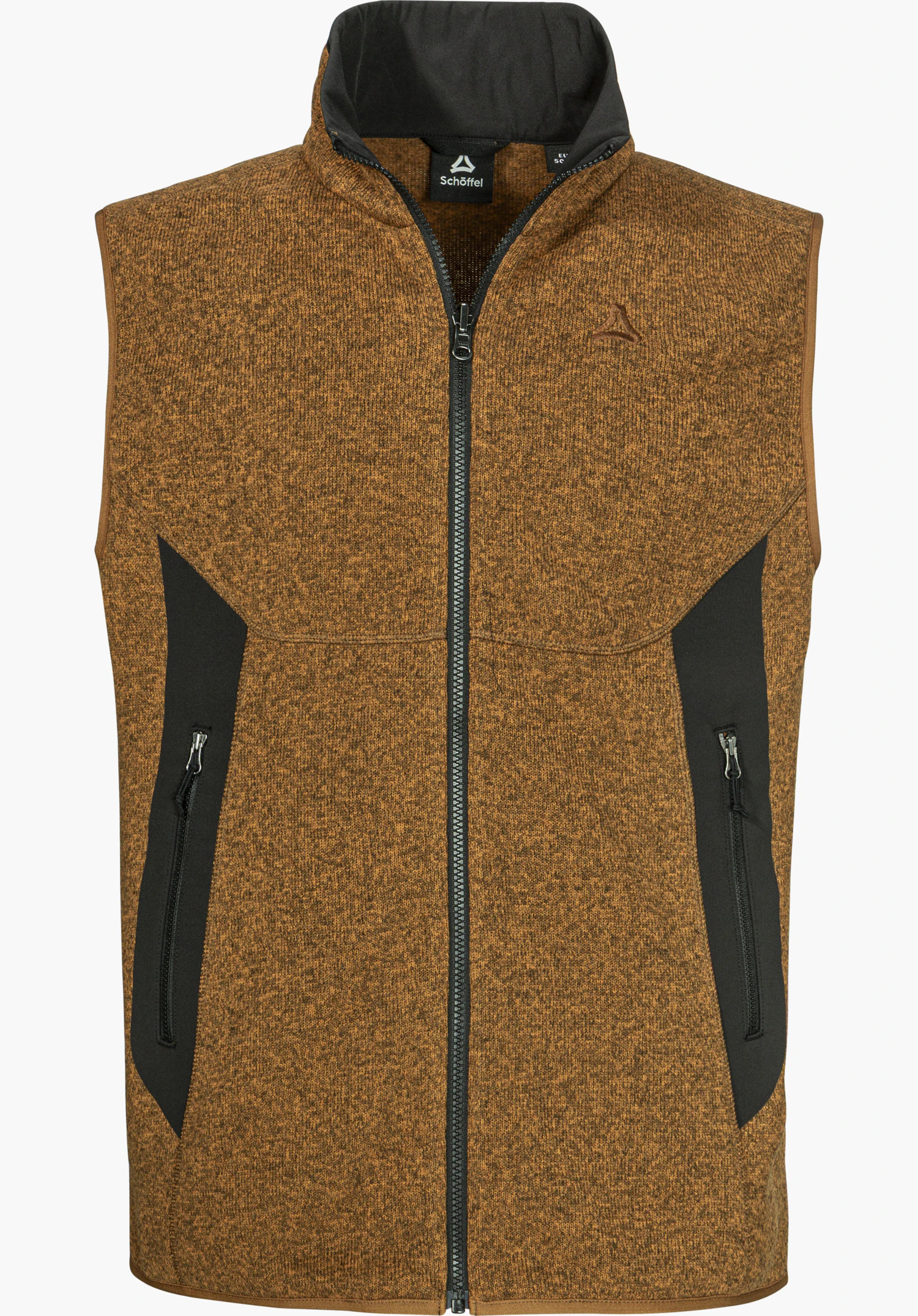CIRC Fleece Vt Style Yew MEN in brown with a full-length front zipper, contrasting black side panels, zippered pockets, high collar and Schöffel logo, shown from the front and isolated on a white background.