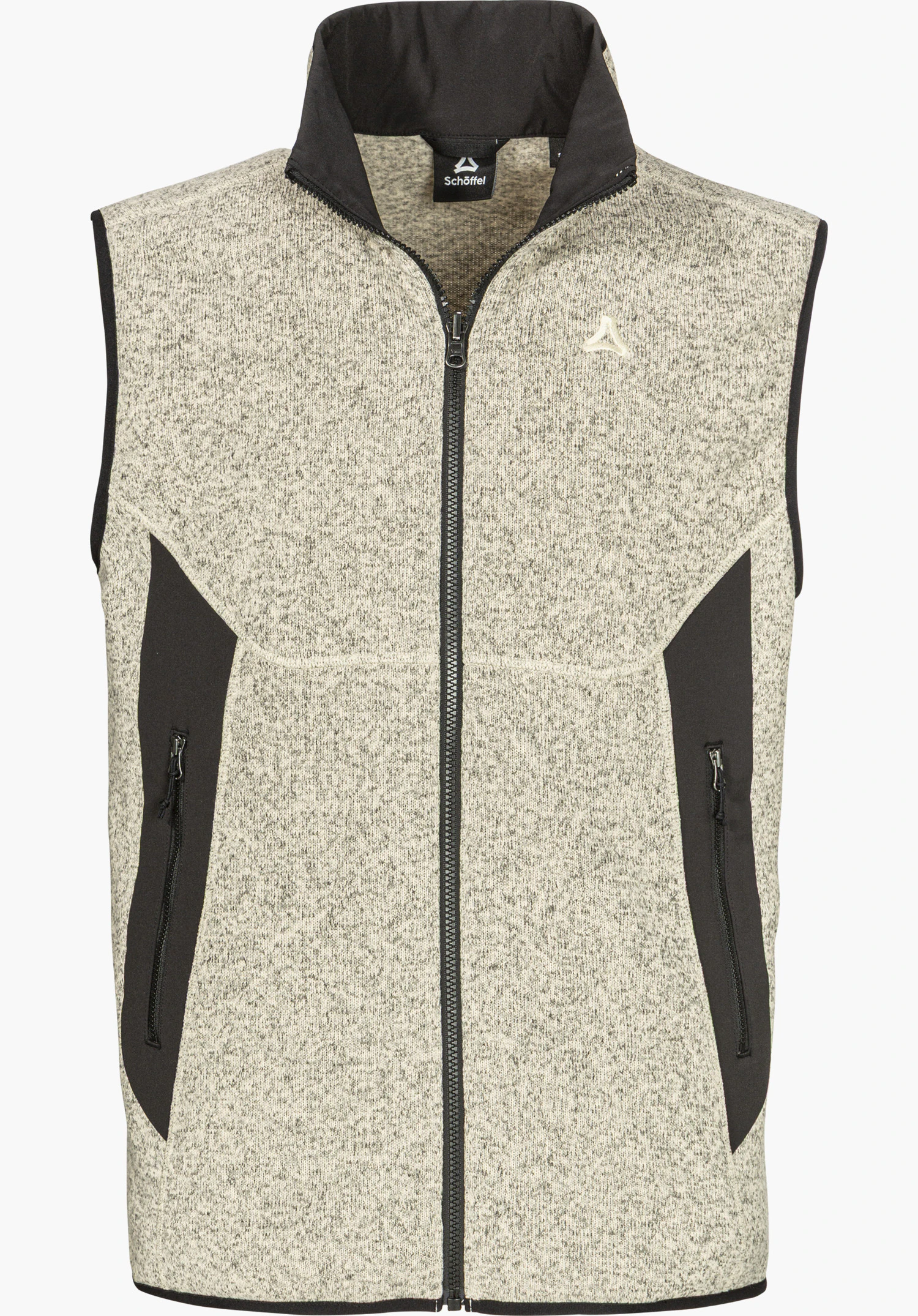 CIRC Fleece Vt Style Yew MEN in beige mit Frontreißverschluss, kontrastierenden schwarzen Einsätzen an den Seiten, Reißverschlusstaschen, hohem Kragen und Schöffel-Logo auf Brusthöhe freigestellt vor weißem Hintergrund.
