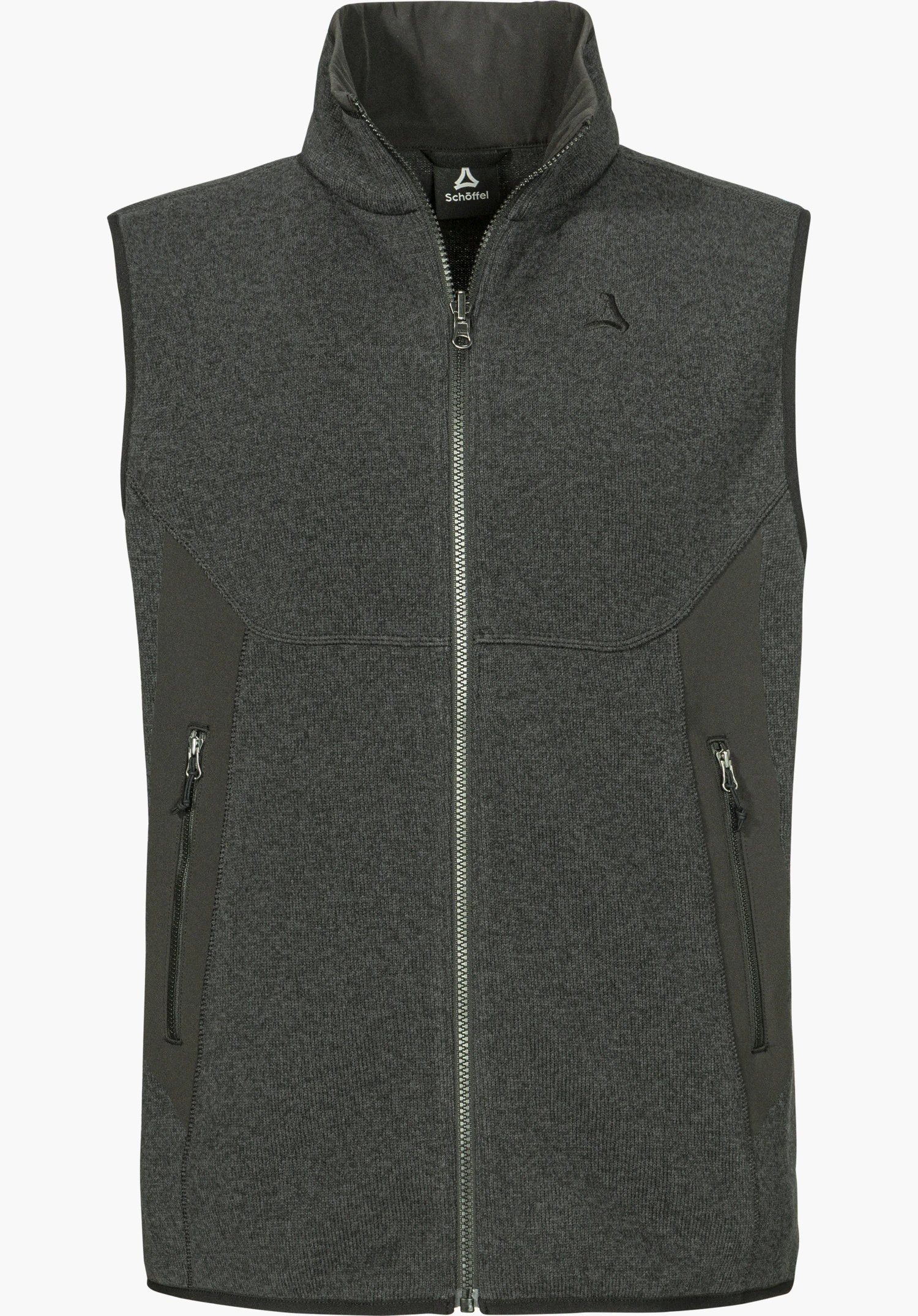 CIRC Fleece Vt Style Yew MEN in black, shown from the front with a full-length zipper, stand-up collar, zippered pockets and tonal Schöffel logo on the chest, isolated on a white background.