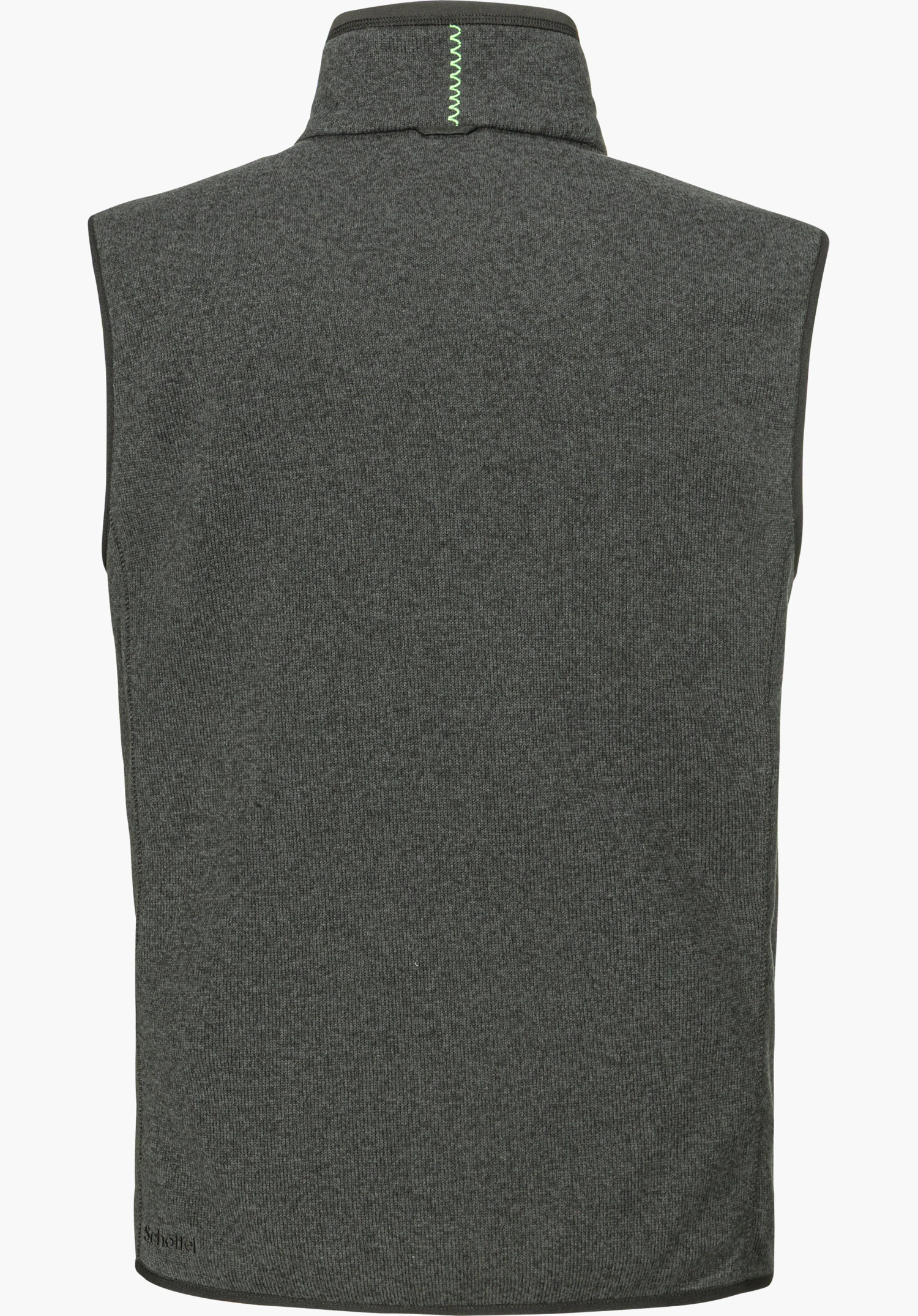 CIRC Fleece Vt Style Yew MEN in black, shown from the back with a stand-up collar and green decorative stitching at the collar, isolated on a white background.