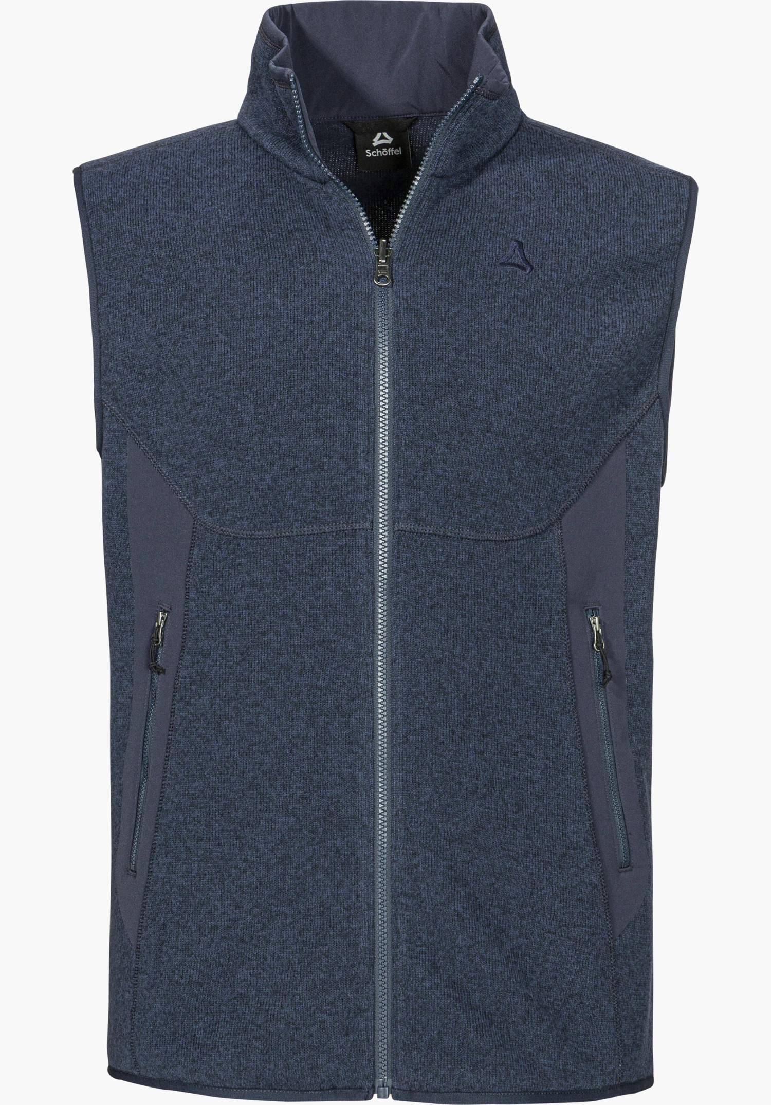 CIRC Fleece Vt Style Yew MEN in Blau als Fleece-Weste mit Stehkragen, durchgehendem Reißverschluss, zwei Reißverschlusstaschen und tonalem Schöffel-Logo auf der Brust freigestellt vor weißem Hintergrund.