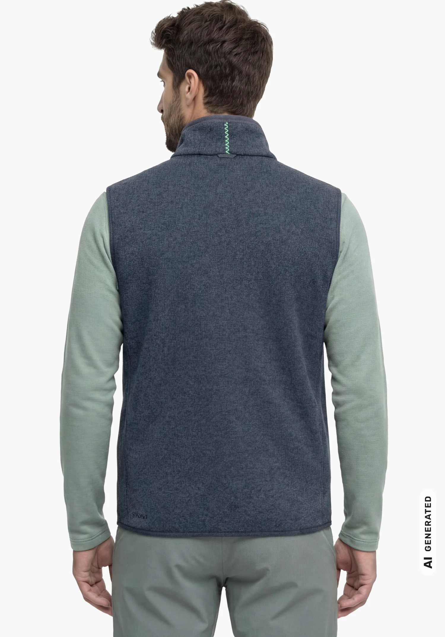 CIRC Fleece Vt Style Yew MEN in blue with Schöffel lettering at the lower right, worn by a male model standing upright and shown from the back with arms hanging down against a white background. (AI-generated)