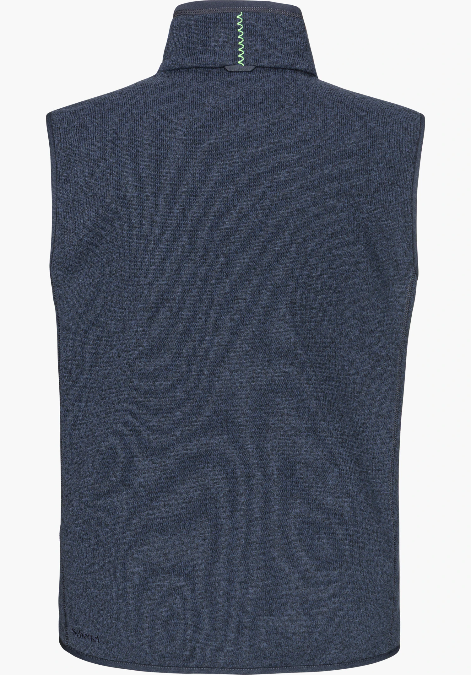 CIRC Fleece Vt Style Yew MEN in blue, shown from the back with a stand-up collar and green decorative stitching at the collar, isolated on a white background.