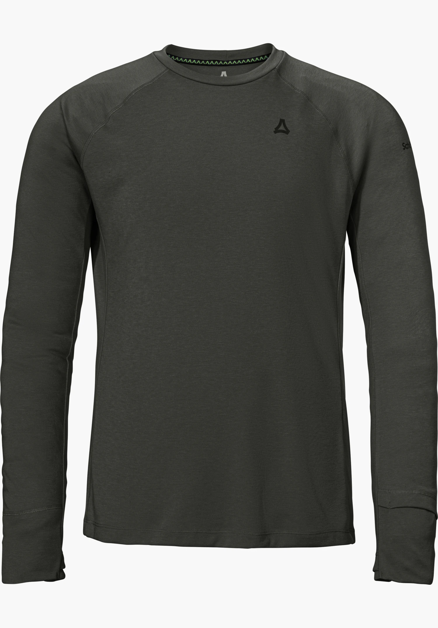 Longsleeve Style Refoca MEN in schwarz mit Rundhalsausschnitt, langen Ärmeln und dezentem Schöffel-Logo in Frontansicht freigestellt vor weißem Hintergrund.