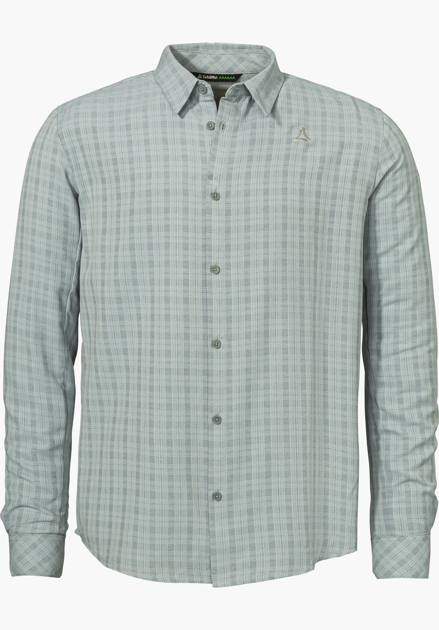 Shirt Style Energio MEN Wanderhemd in grau mit langen Ärmeln, durchgehender Knopfleiste, Kragen und Schöffel-Logo in Frontansicht freigestellt vor weißem Hintergrund.