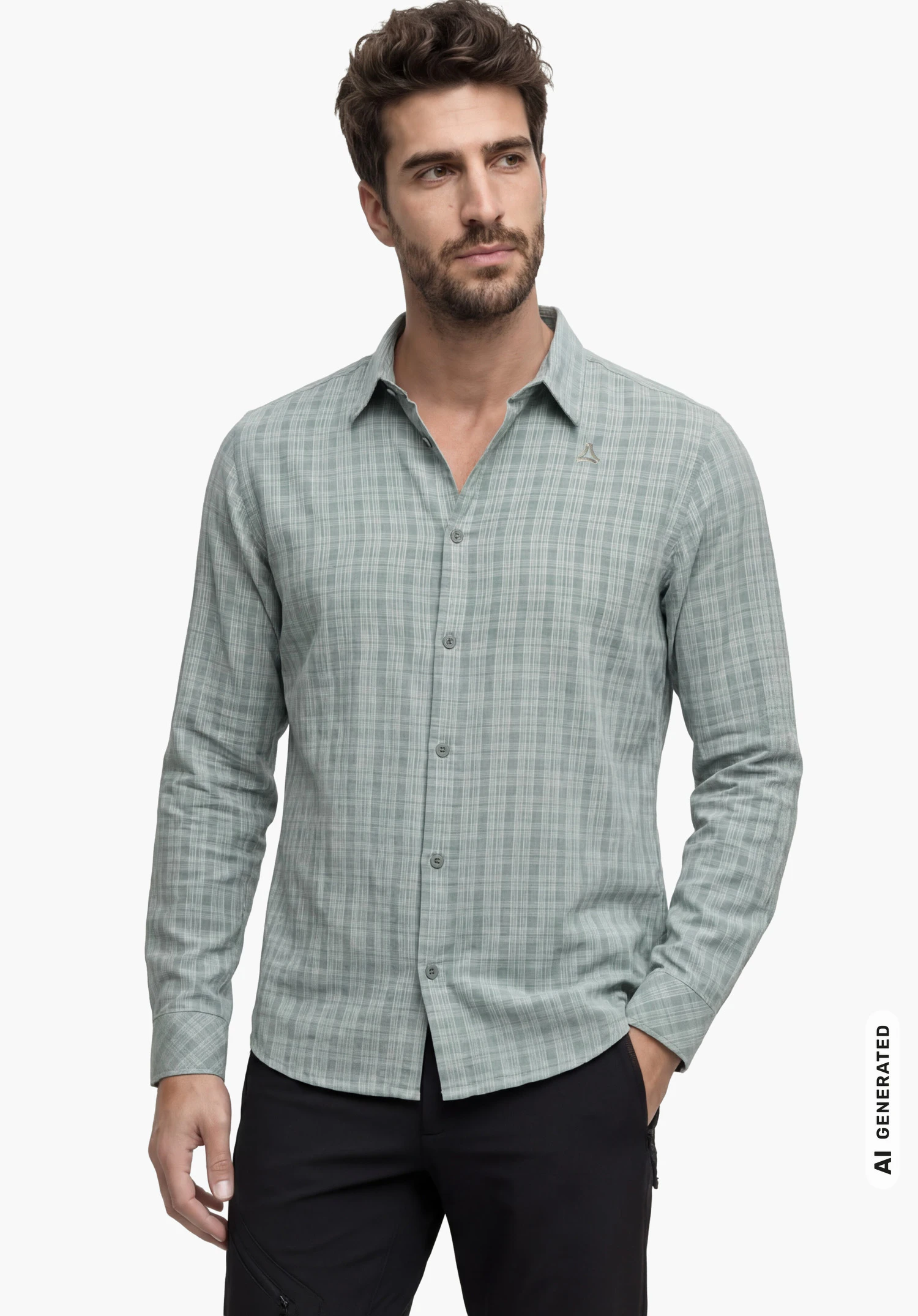 Shirt Style Energio MEN in grau mit Schöffel-Logo, getragen von einem männlichen Model im aufrechten Stand mit der linken Hand in der Hosentasche in Frontansicht vor weißem Hintergrund. (KI-generiert)