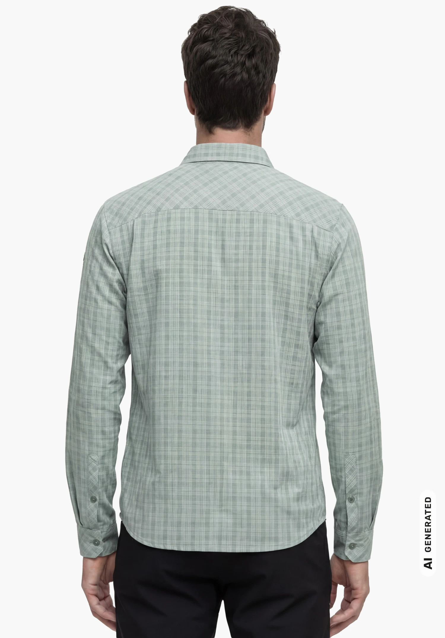 Shirt Style Energio MEN in grey, worn by a male model shown from the back with arms hanging down against a white background. (AI-generated)