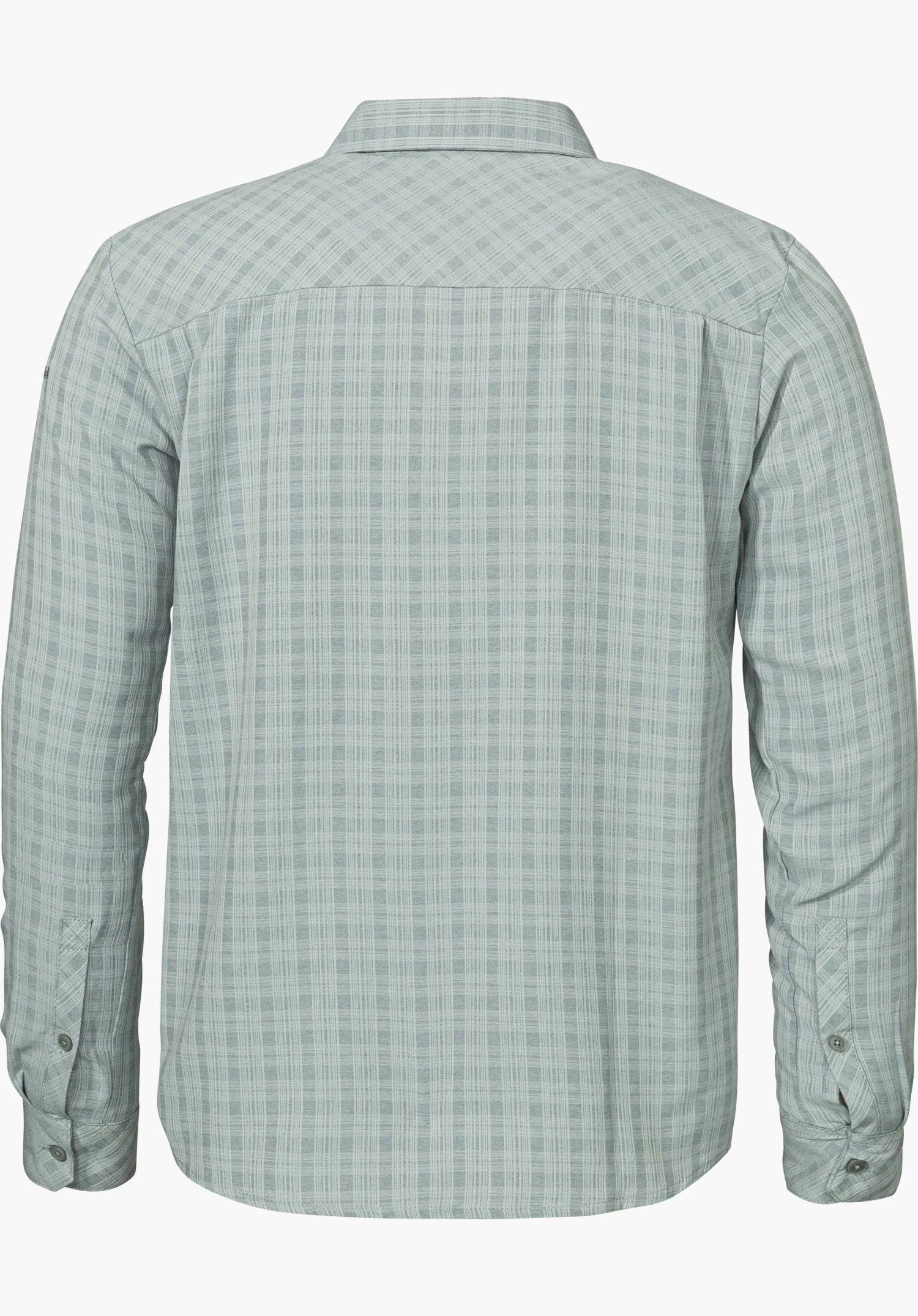 Shirt Style Energio MEN hiking shirt in grey, shown from the back with long sleeves and a collar, isolated on a white background.
