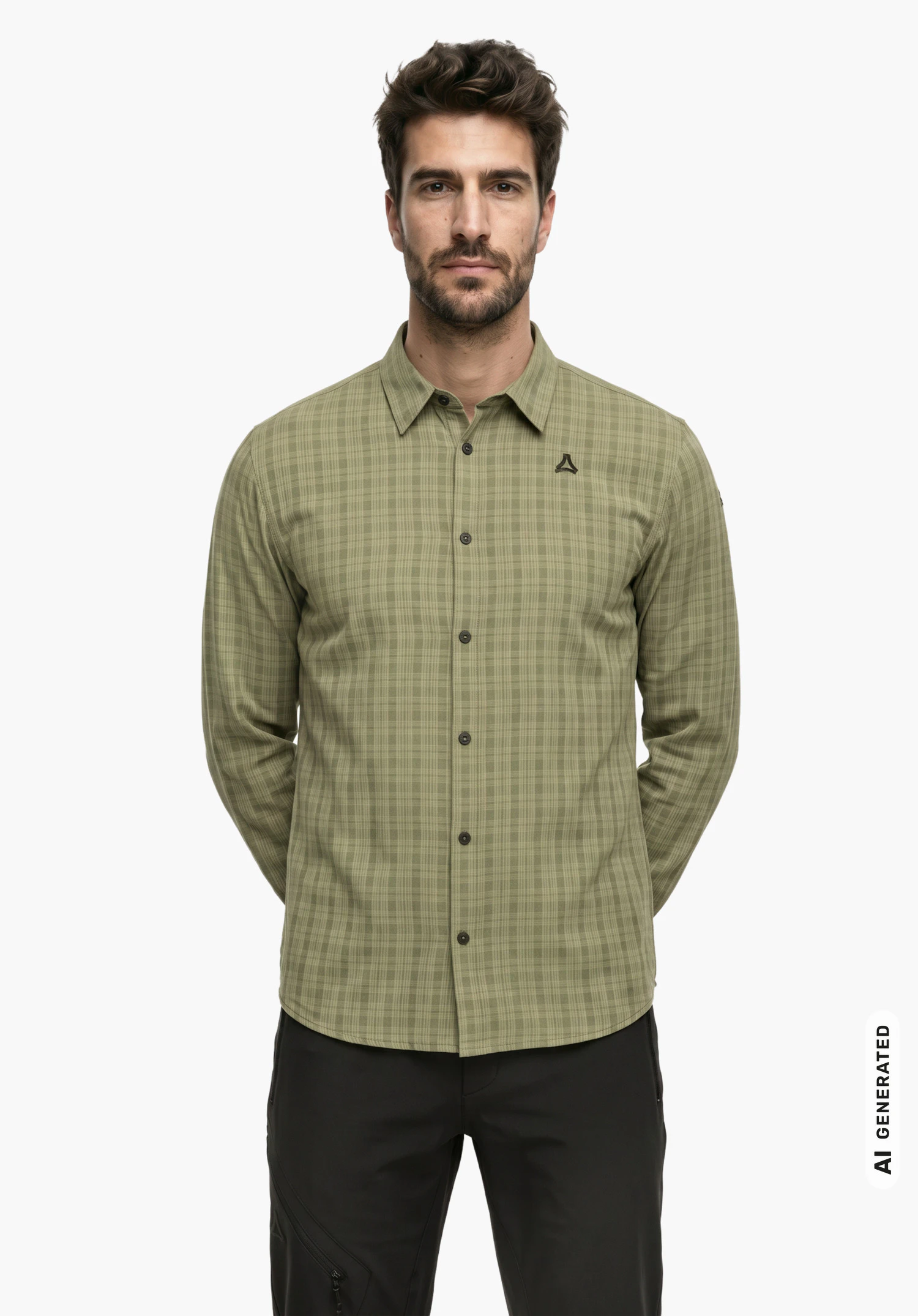 Shirt Style Energio MEN in grün, getragen von einem männlichen Model im aufrechten Stand mit einer Hand in der Hosentasche in Frontansicht mit Schöffel-Logo vor weißem Hintergrund. (KI-generiert)