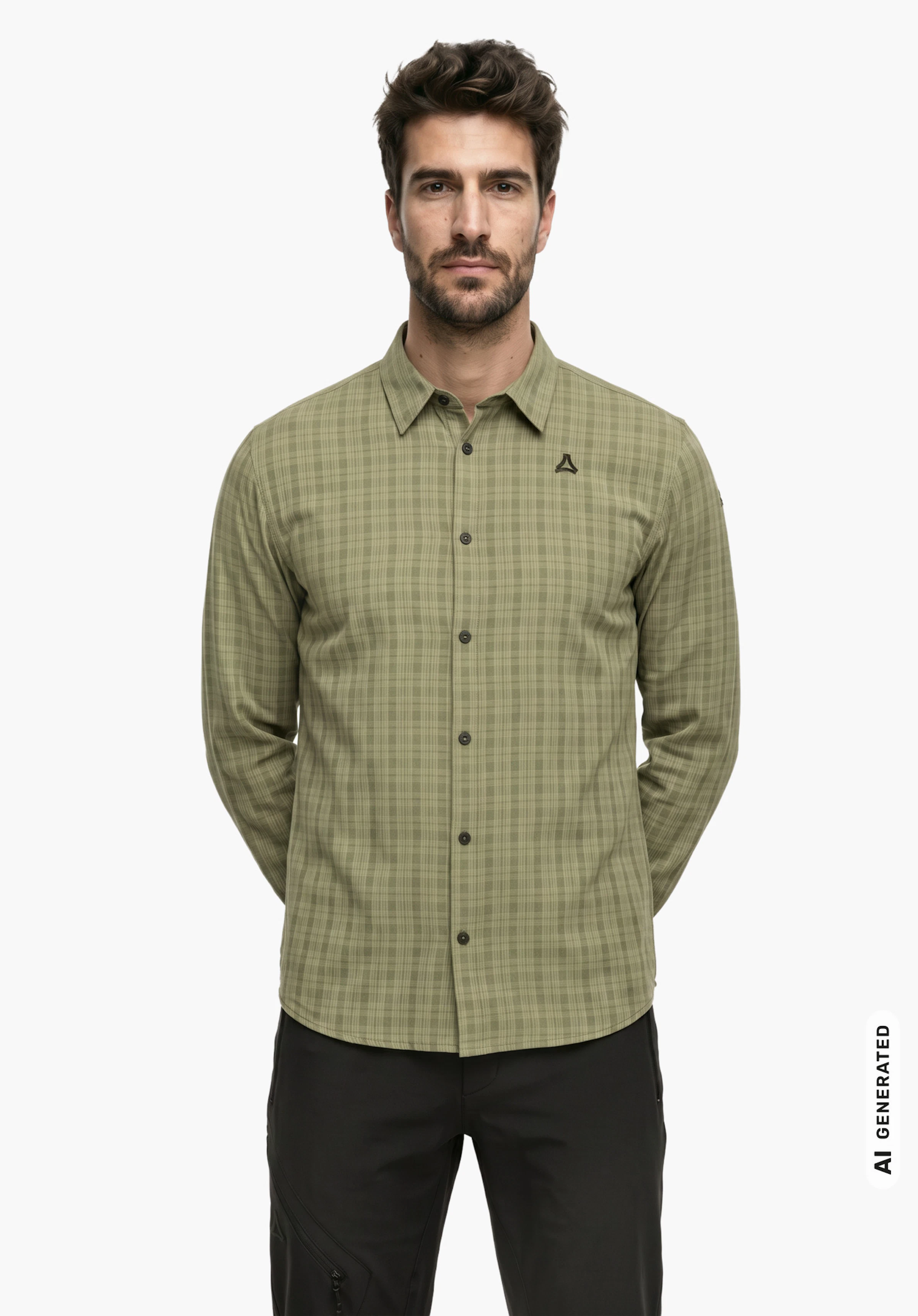 Shirt Style Energio MEN in grün, getragen von einem männlichen Model im aufrechten Stand mit einer Hand in der Hosentasche in Frontansicht mit Schöffel-Logo vor weißem Hintergrund. (KI-generiert)