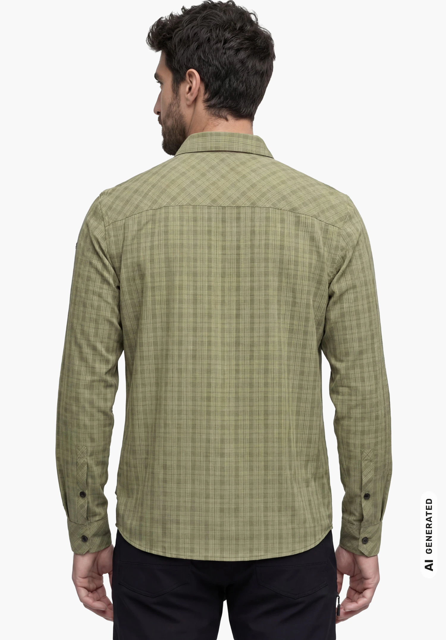Shirt Style Energio MEN in green, worn by a male model standing upright and shown from the back with arms hanging down against a white background. (AI-generated)
