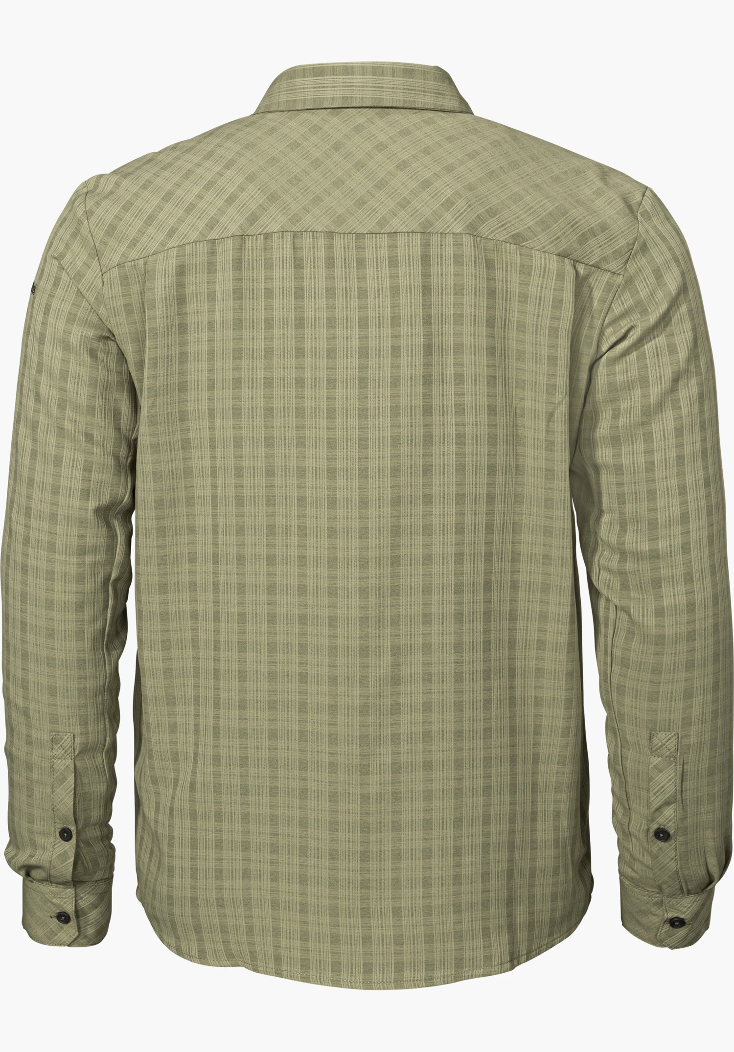 Shirt Style Energio MEN hiking shirt in green with a subtle checked pattern, shown from the back and isolated on a white background.