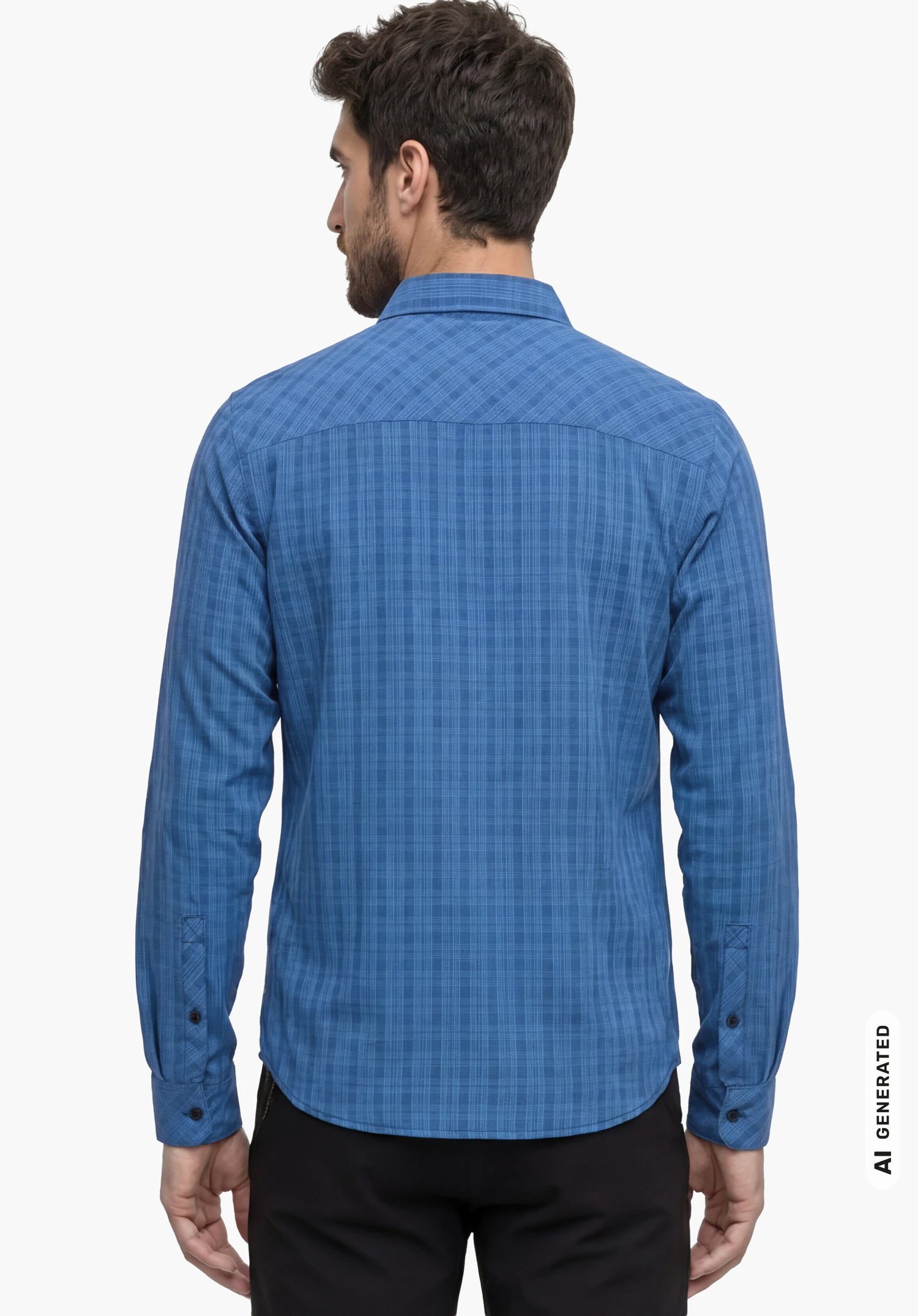 Shirt Style Energio MEN in blue, worn by a male model shown from the back in a relaxed posture with arms hanging down against a white background. (AI-generated)