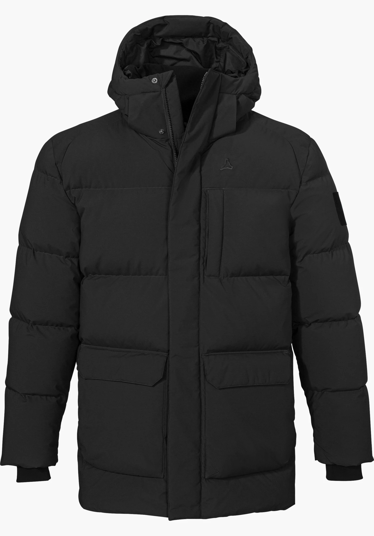 Down Parka Style Vindave MEN down parka in black, shown from the front with a hood, high front placket, patch pockets and tonal Schöffel logo, isolated on a white background.