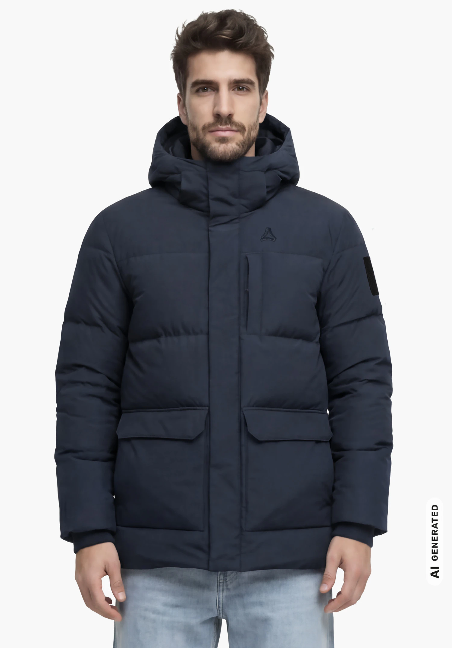 Down Parka Style Vindave MEN in blue with hood and Schöffel logo, worn by a male model standing upright and shown from the front against a white background. (AI-generated)