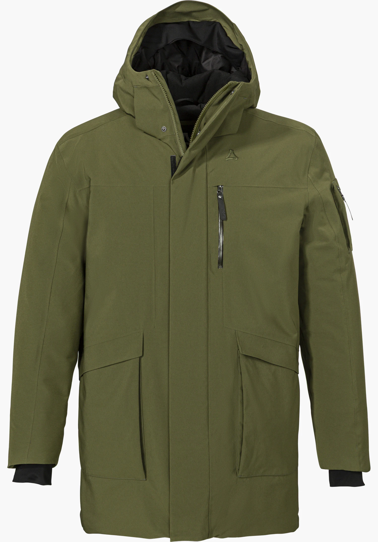 Ins Parka Style Optimea MEN coat in green, shown from the front with a hood, patch pockets, zippered chest pocket and Schöffel logo, isolated on a white background.