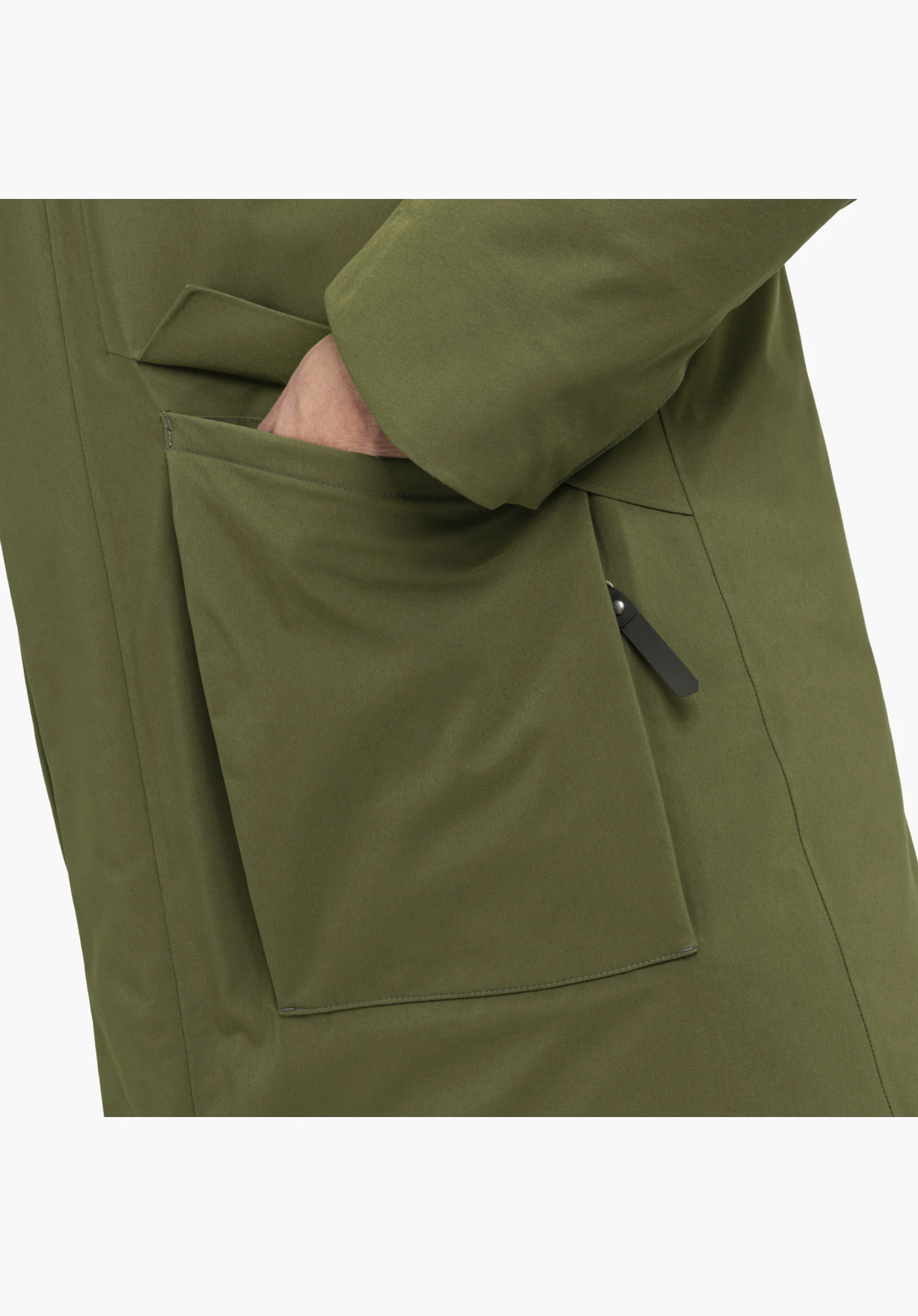 Ins Parka Style Optimea MEN in green featuring a patch pocket with a hand inside, close-up shot against a white background.