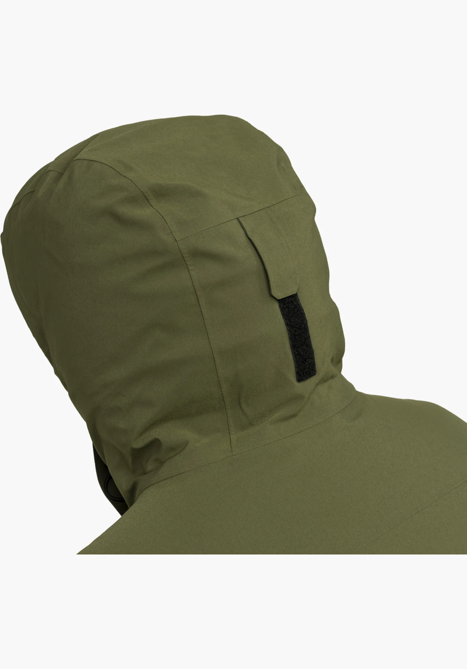 Ins Parka Style Optimea MEN featuring an adjustable hood in the colour green, close-up against a white background.
