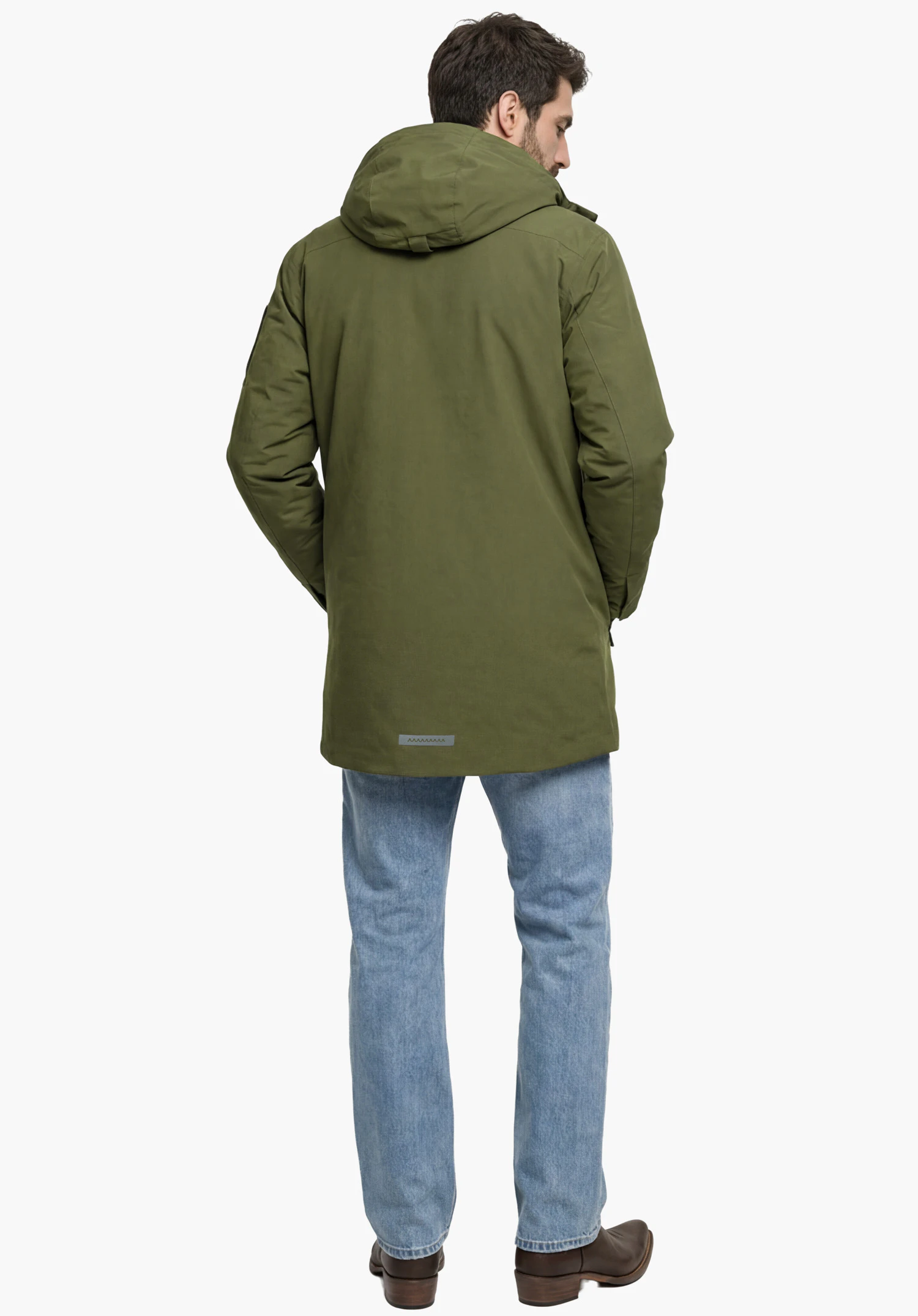 Ins Parka Style Optimea MEN in green, worn by a male model with hands in pockets in a side view looking slightly back with hood against a white background. (AI-generated)