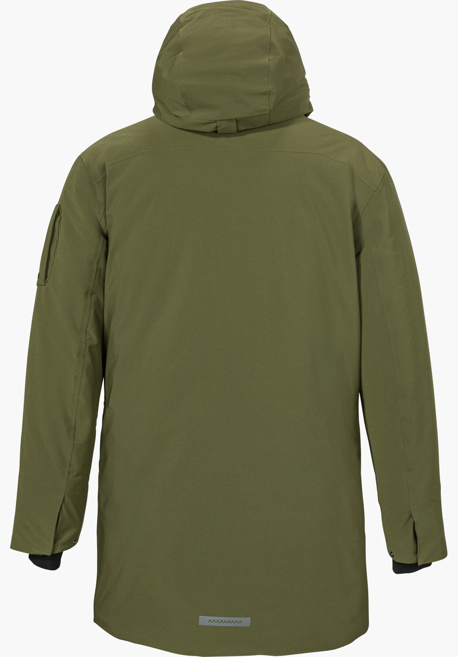 Ins Parka Style Optimea MEN coat in green, shown from the back with a hood and isolated on a white background.