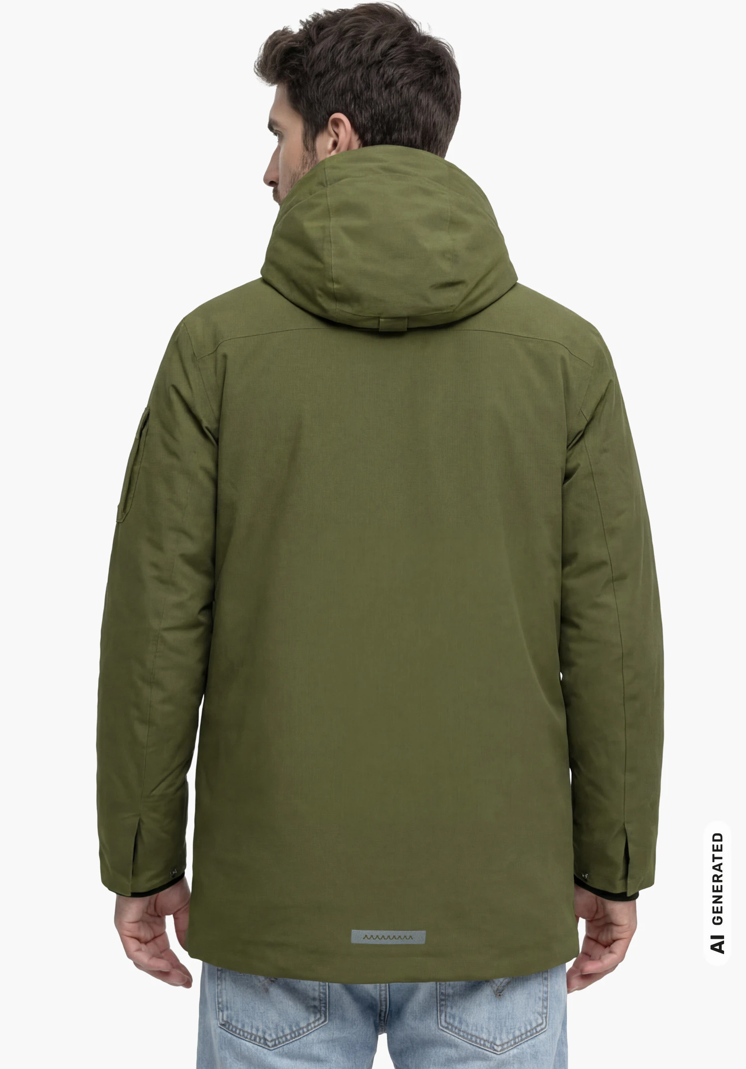 Ins Parka Style Optimea MEN in green, worn by a male model standing upright and shown from the back with the hood up against a white background. (AI-generated)