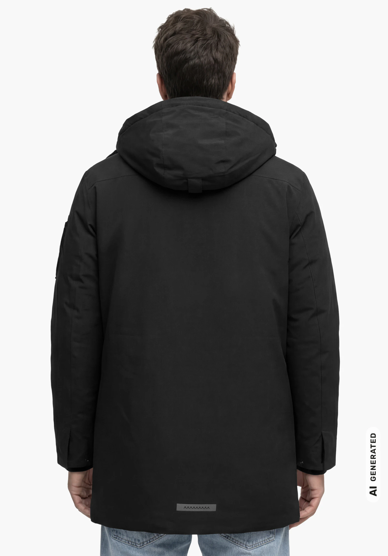 Ins Parka Style Optimea MEN in black with hood, worn by a male model standing upright and shown from the back against a white background. (AI-generated)