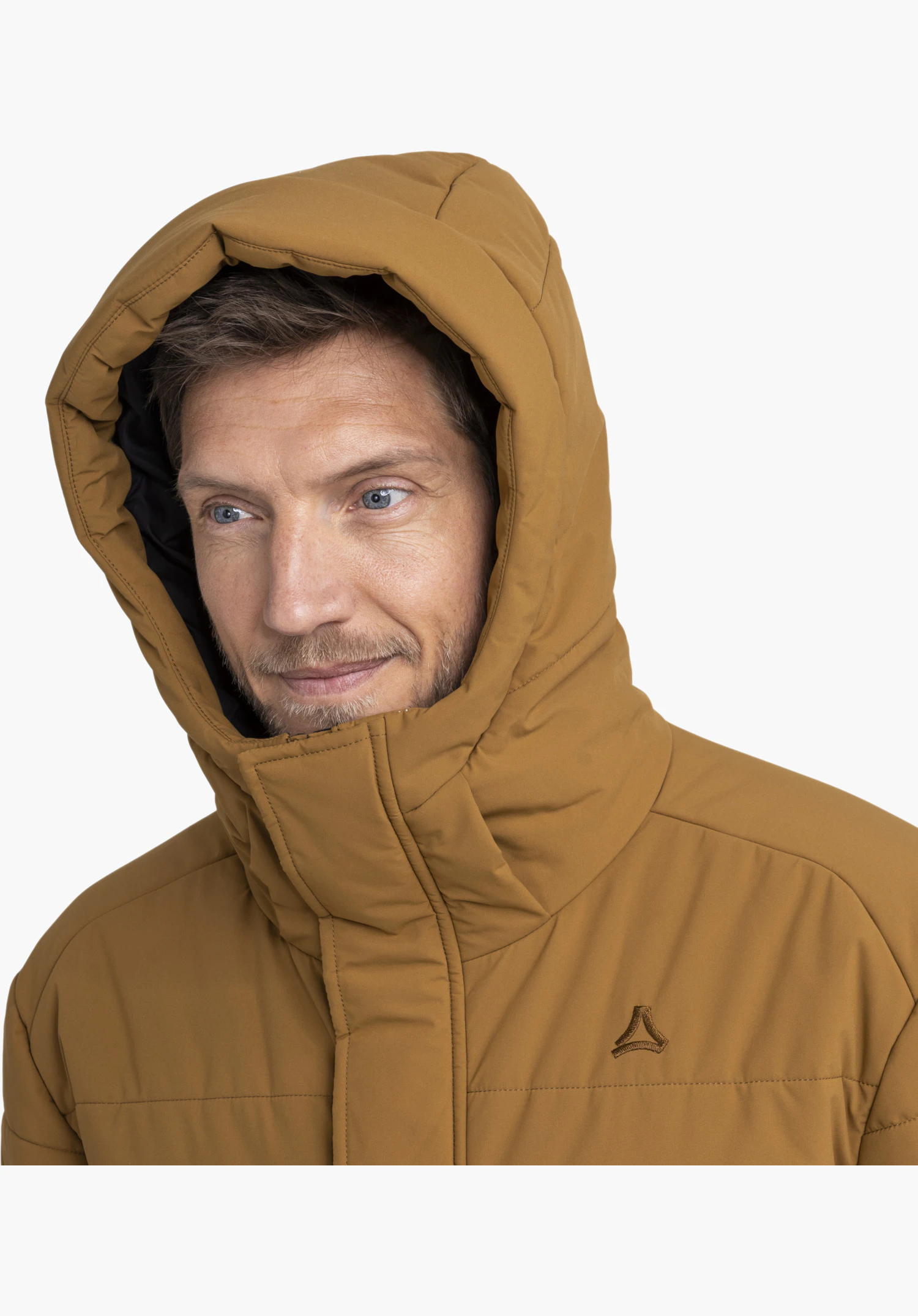 Ins Jkt Style Purga MEN with lined hood and embroidered Schöffel logo in brown close-up against a white background.