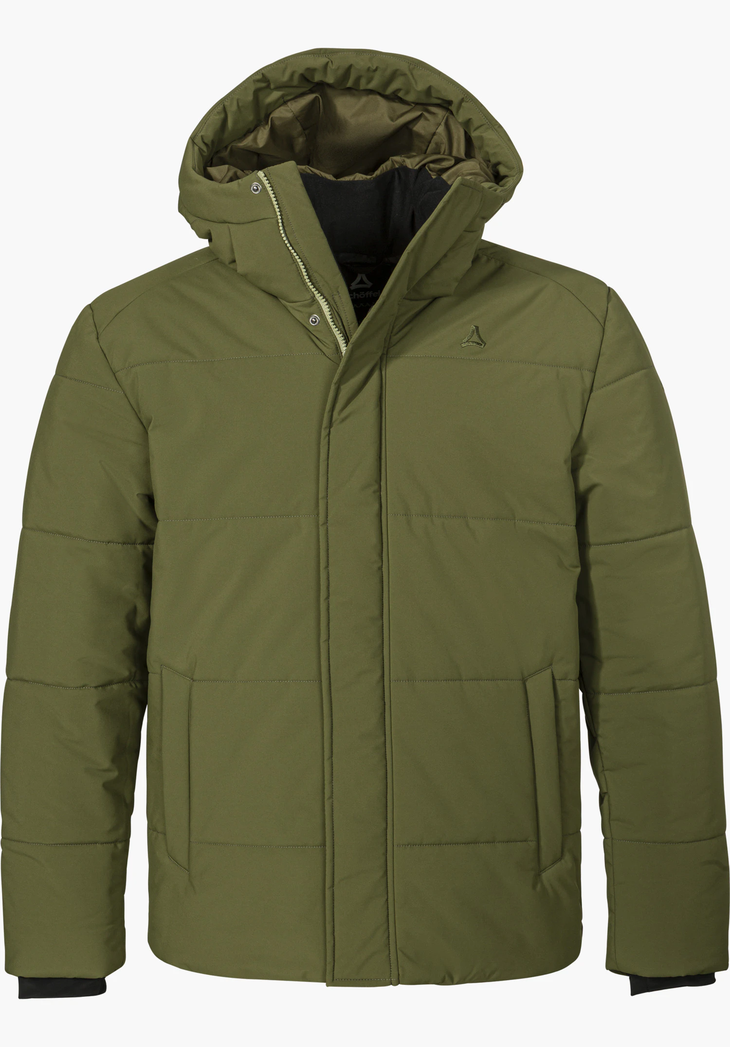 Ins Jkt Style Purga MEN reversible vest in green with a hood, tonal Schöffel logo on the chest and front zipper, isolated on a white background.
