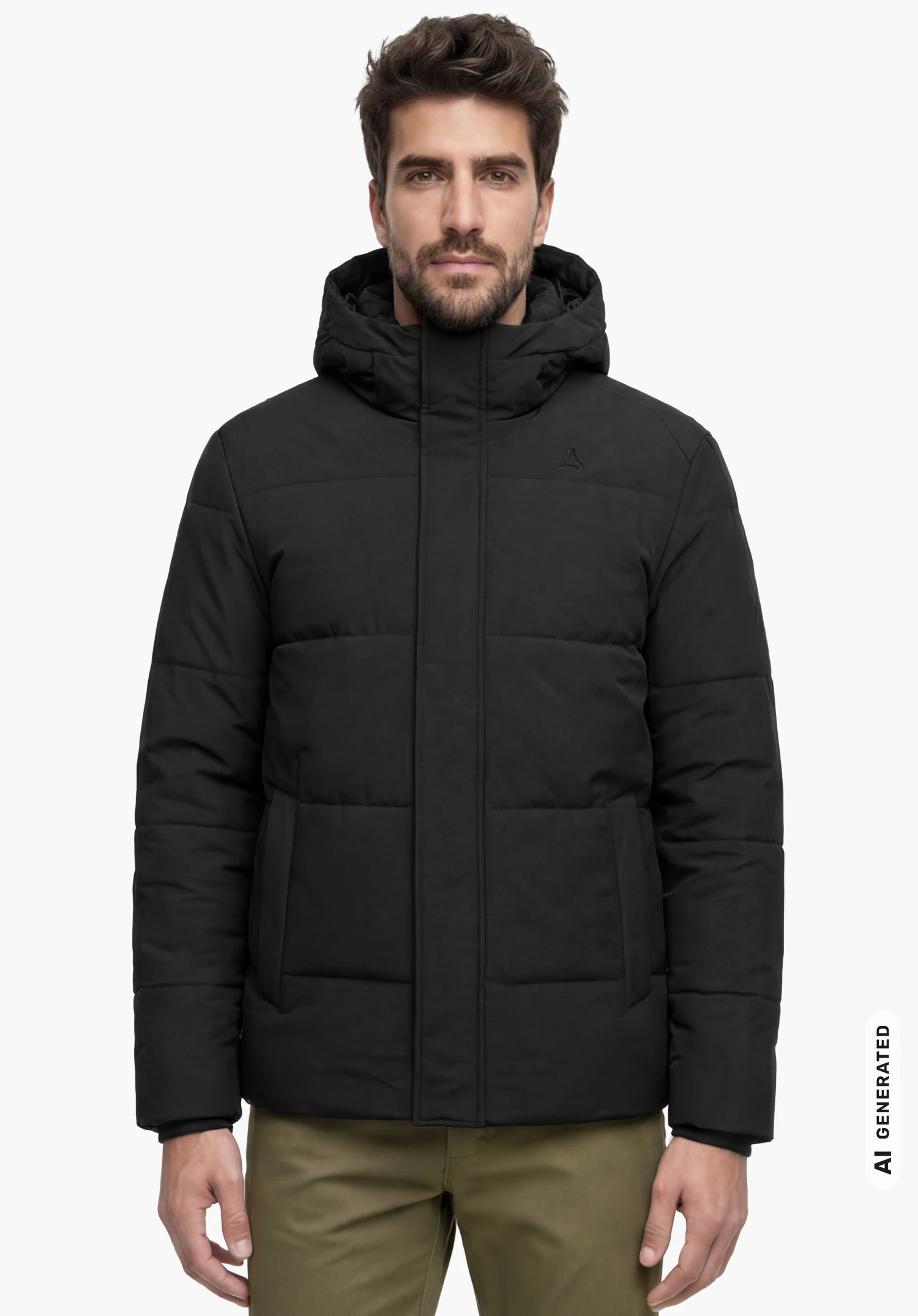 Ins Jkt Style Purga MEN in black with Schöffel logo on the chest, worn by a male model standing upright and shown from the front with arms hanging down against a white background. (AI-generated)
