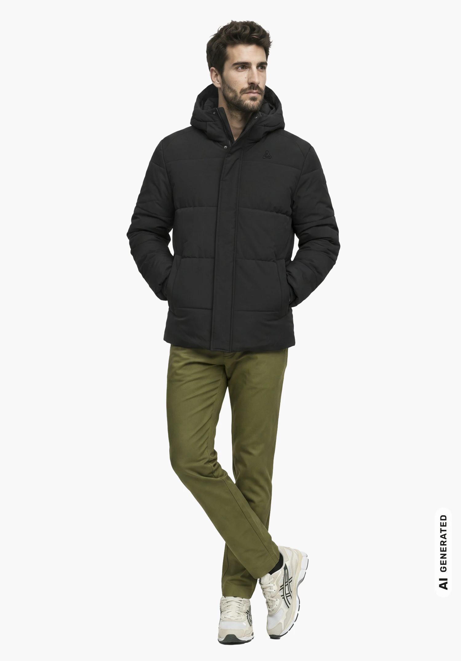 Ins Jkt Style Purga MEN in black, worn by a male model with hands in pockets in a slightly turned side view with a visible Schöffel logo against a white background. (AI-generated)