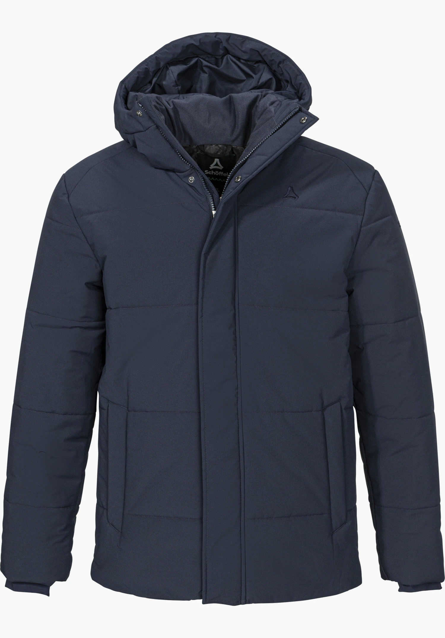 Ins Jkt Style Purga MEN reversible vest in blue, designed as a padded men's winter jacket with a hood, concealed zipper and visible Schöffel logo, isolated on a white background.