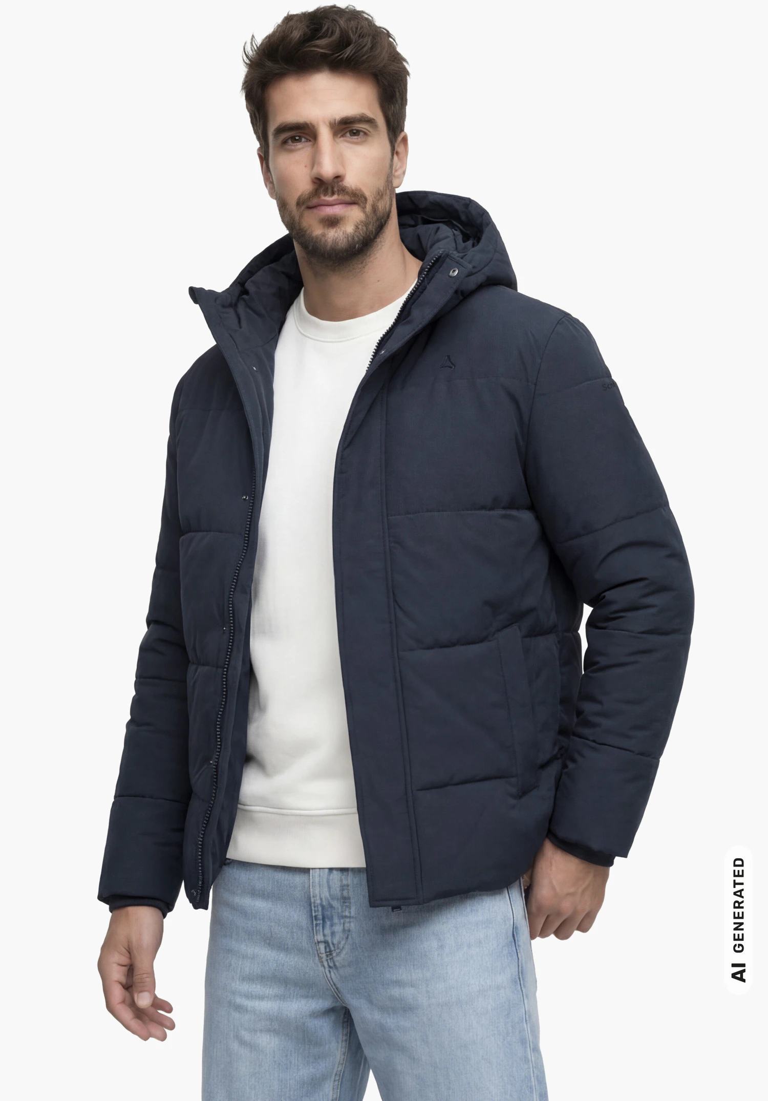 Ins Jkt Style Purga MEN in blue, worn by a male model with one hand in his pocket in a front view with a visible Schöffel logo against a white background. (AI-generated)