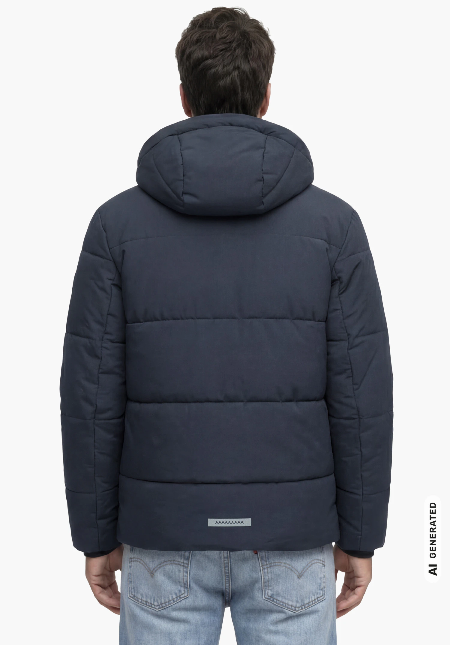 Ins Jkt Style Purga MEN in blue with a hood and Schöffel logo on the lower back, worn by a male model standing upright in a back view against a white background. (AI-generated)