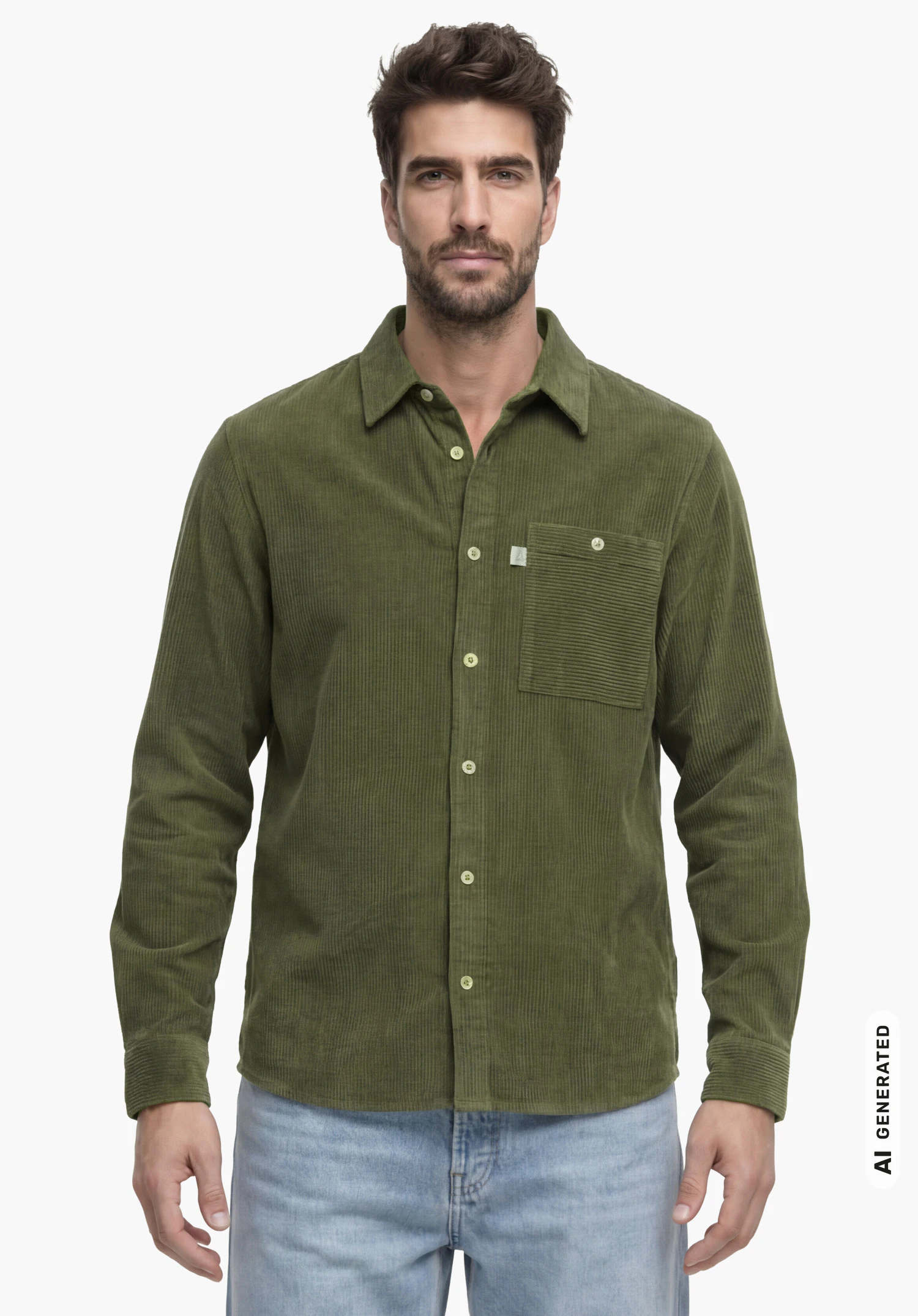Shirt Style Libereo MEN in grün, getragen von einem männlichen Model im aufrechten Stand in Frontansicht mit herabhängenden Armen vor weißem Hintergrund. (KI-generiert)