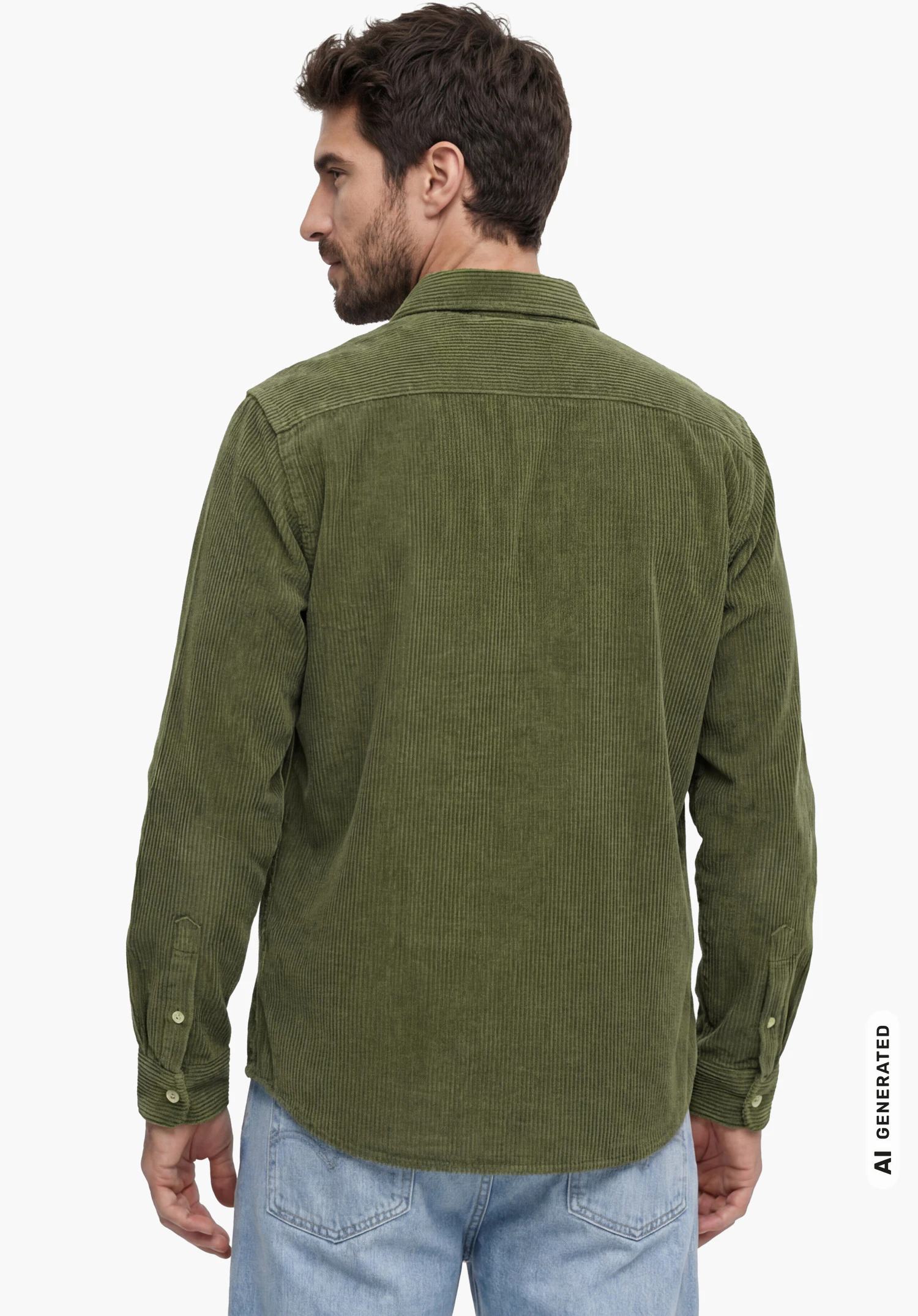 Shirt Style Libereo MEN in green, worn by a male model standing upright and shown from the back looking to the side against a white background. (AI-generated)
